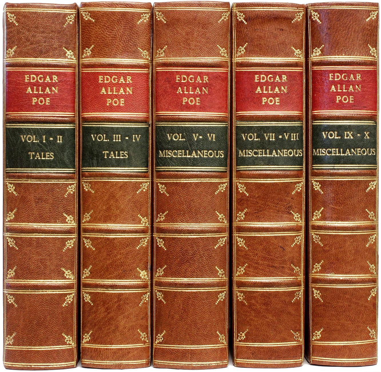 AUTEUR : POE, Edgar Allan. 

TITRE : Les œuvres d'Edgar Allen Poe.

ÉDITEUR : Boston : Jefferson Press, n.d., (c.1900)

DESCRIPTION : 10 volumes en 5, 8-7/16