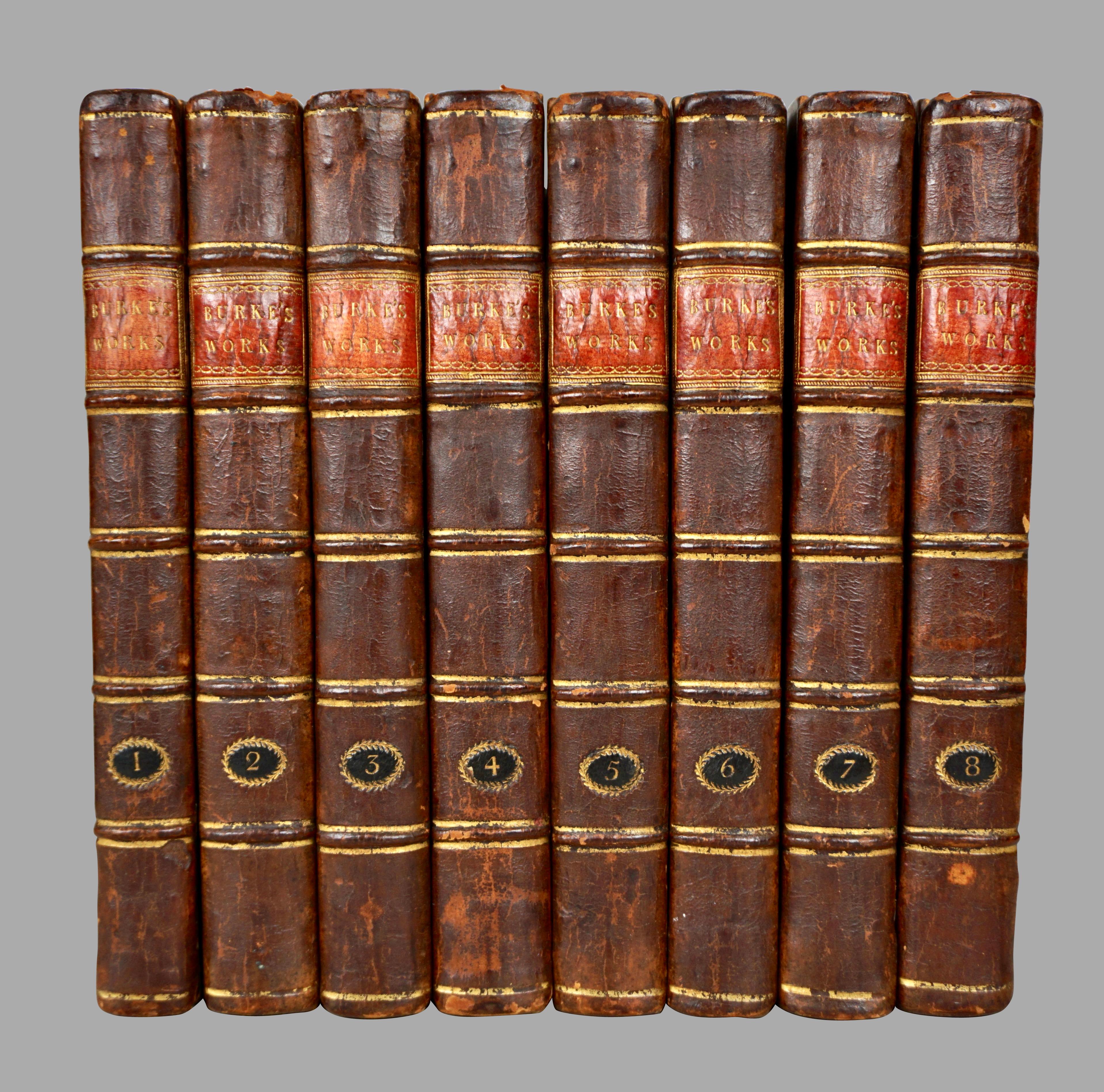 The Works of the Right Honorable Edmund Burke in 8 volumes published for F.C. and J. Rivington, St. Paul's Yard, England by Luke Hanfard and Sons, near Lincoln's-Inn Fields. This attractive 8 volume set is bound in full leather with raised spines.