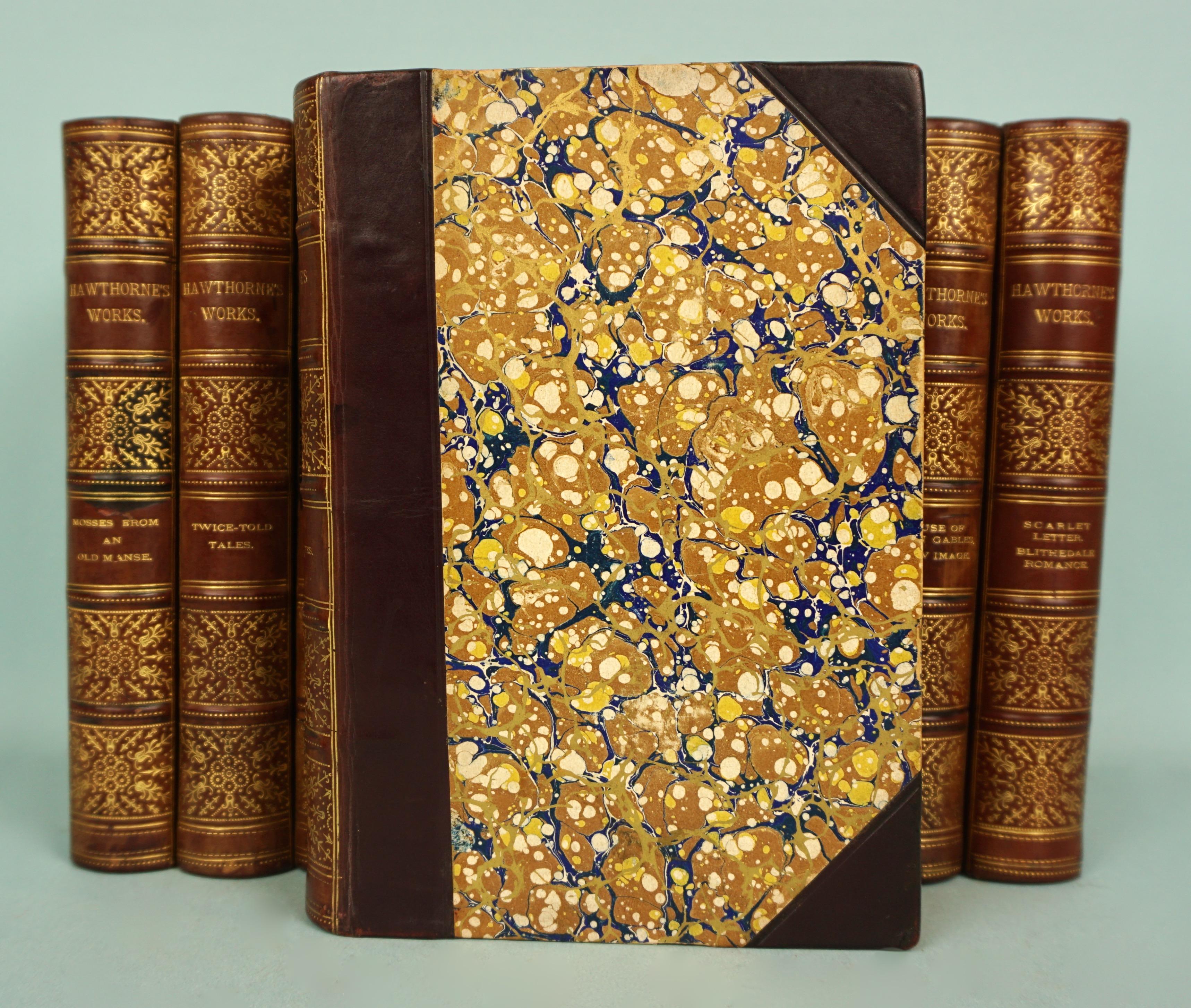 The illustrated works of famous American novelist Nathaniel Hawthorne (1804-1864 in 10 volumes, including The Scarlet Letter, House of Seven Gables, English Notes and The Snow Image. Bound in brown leather with marbleized boards and end papers and
