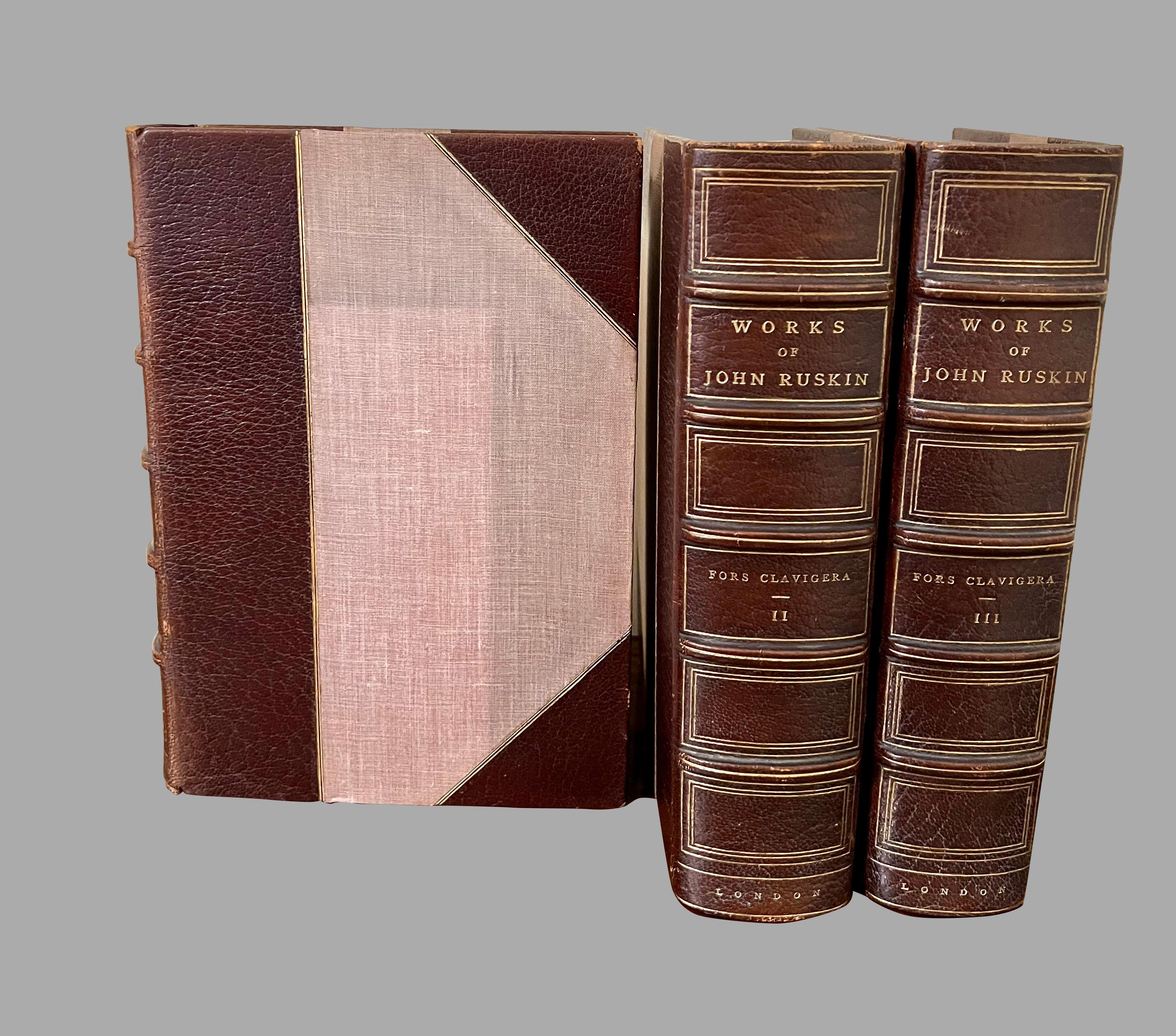 The Works of John Ruskin; The Library Edition in 3 volumes published by George Allen, 156 Charing Cross Road London and New York: Longmans, Green, and Co. 1907. Limited edition of 2062. Bound in leather and cloth.
Ruskin was a famous Victorian era