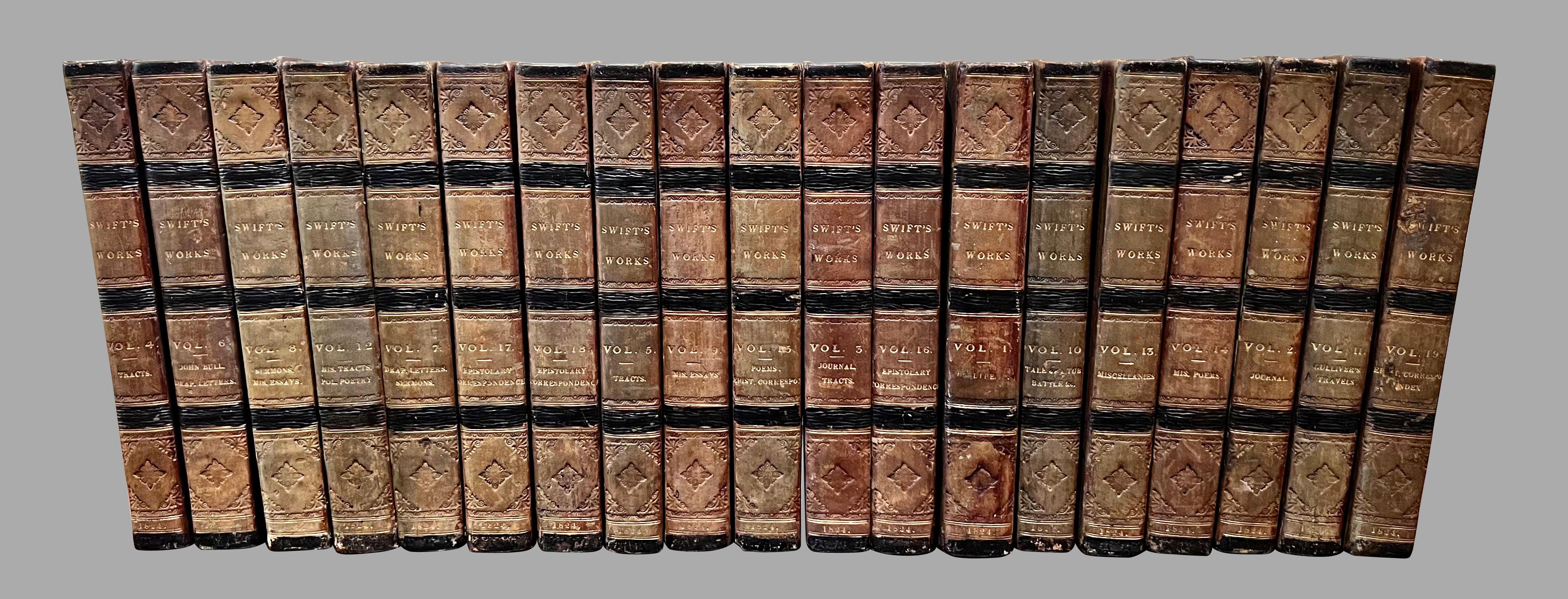 Les œuvres de Jonathan Swift (1667-1745)  deuxième édition complète en 19 volumes reliés en cuir, publiée pour Archibald Constable and Co. Édimbourg et Hurst, Robinson, and Co. Londres 1824. Swift était un célèbre essayiste, écrivain, poète et
