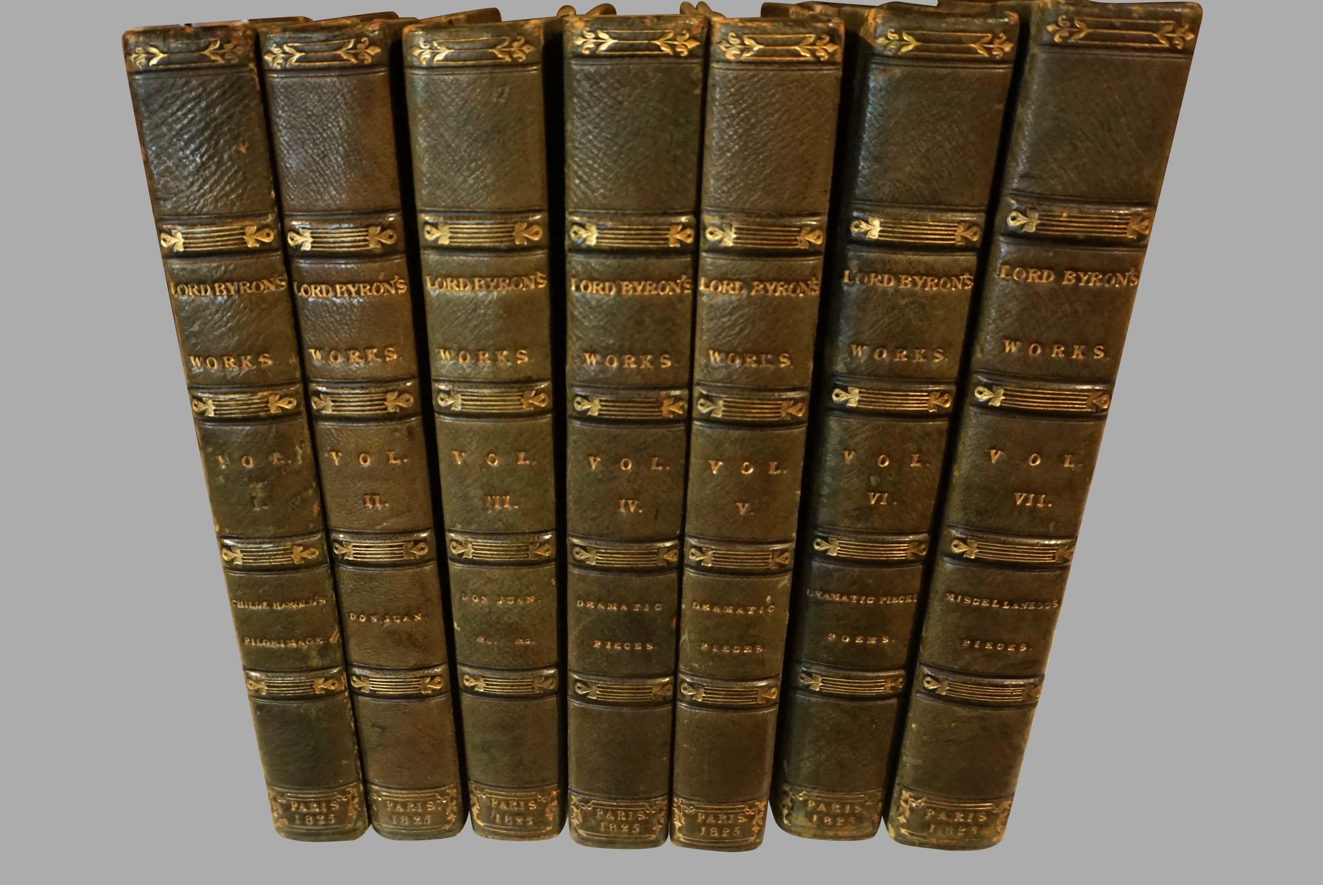 An attractive set of the complete works of Lord Byron in 7 half green morocco leather bindings with gilt lettering and tooling on raised leather bands. Endpapers and covers finished in marbleized paper. Published in Paris, 1825 by Baudry.