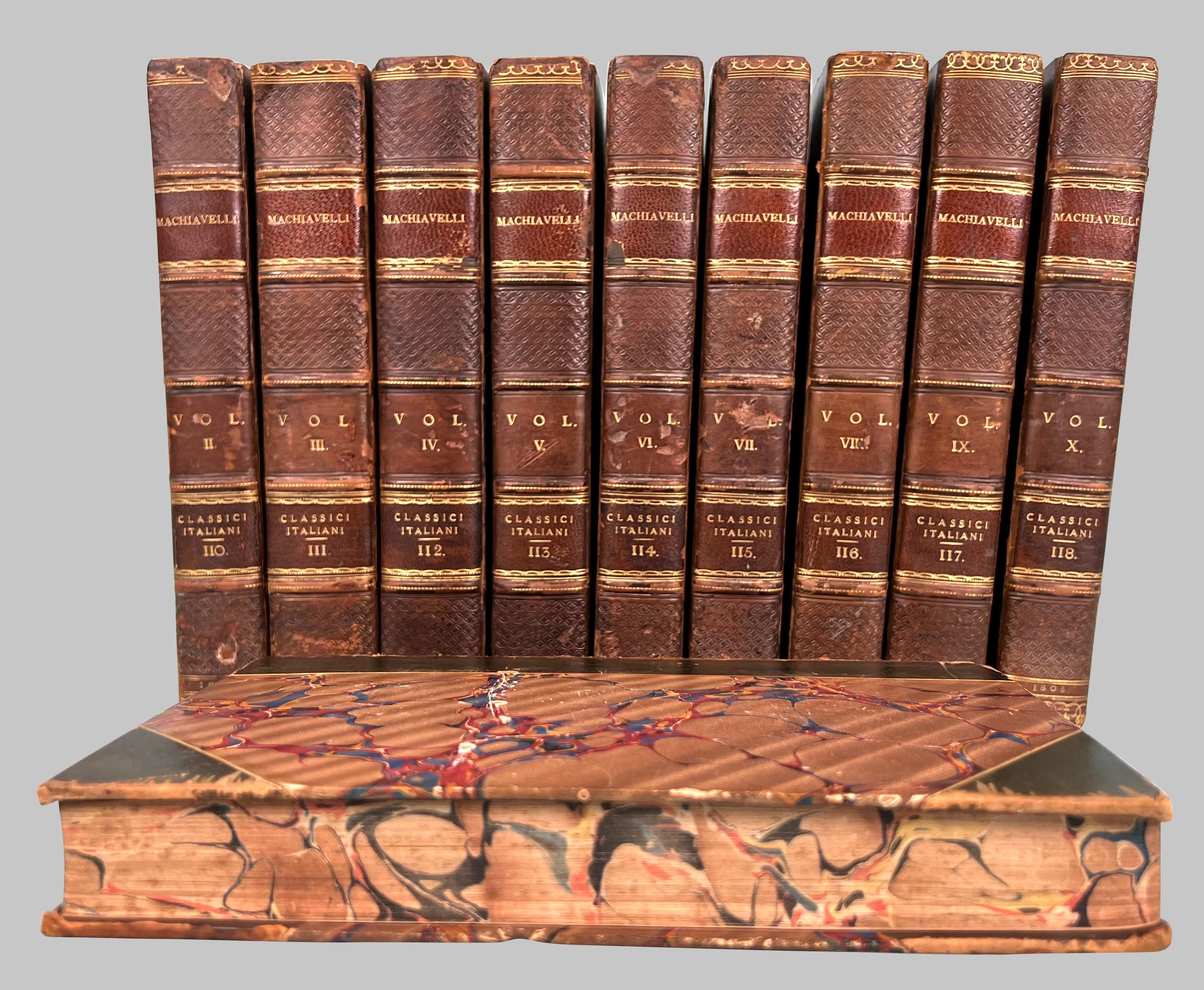 The works of Machiavelli in Italian, 10 volumes, published in Milan, 1804. 3/4 leather boards with marbleized paper endpapers and edges. The spines with raised gilt-tooled bands. A lovely set of this very famous author's work.