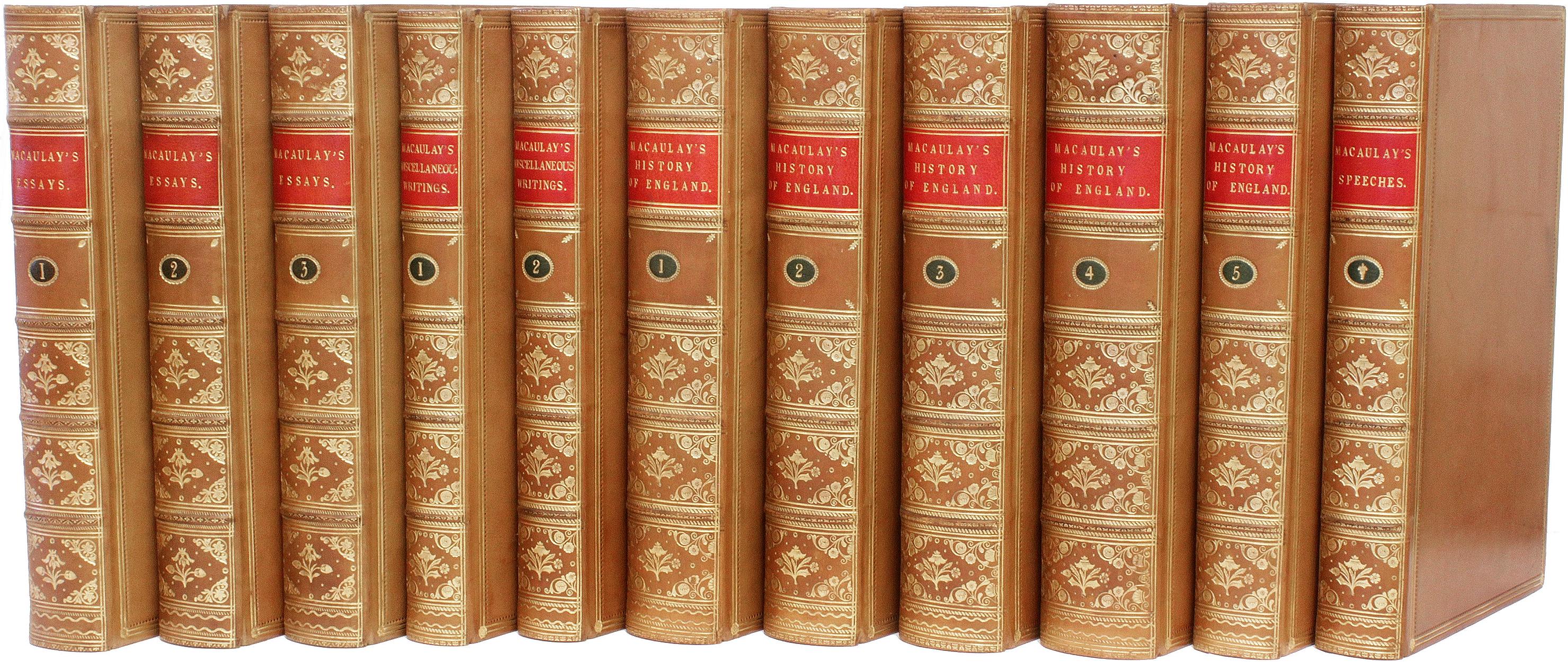 AUTORE: MACAULAY, Thomas Babington. 

TITOLO: Le opere di Thomas Babington Macaulay. Storia dell'Inghilterra - Saggi critici e storici - Discorsi - Scritti vari.

EDITORE: Londra: Longmans, Greene & Greene, & Co., 1860.

DESCRIZIONE: 11 volumi,