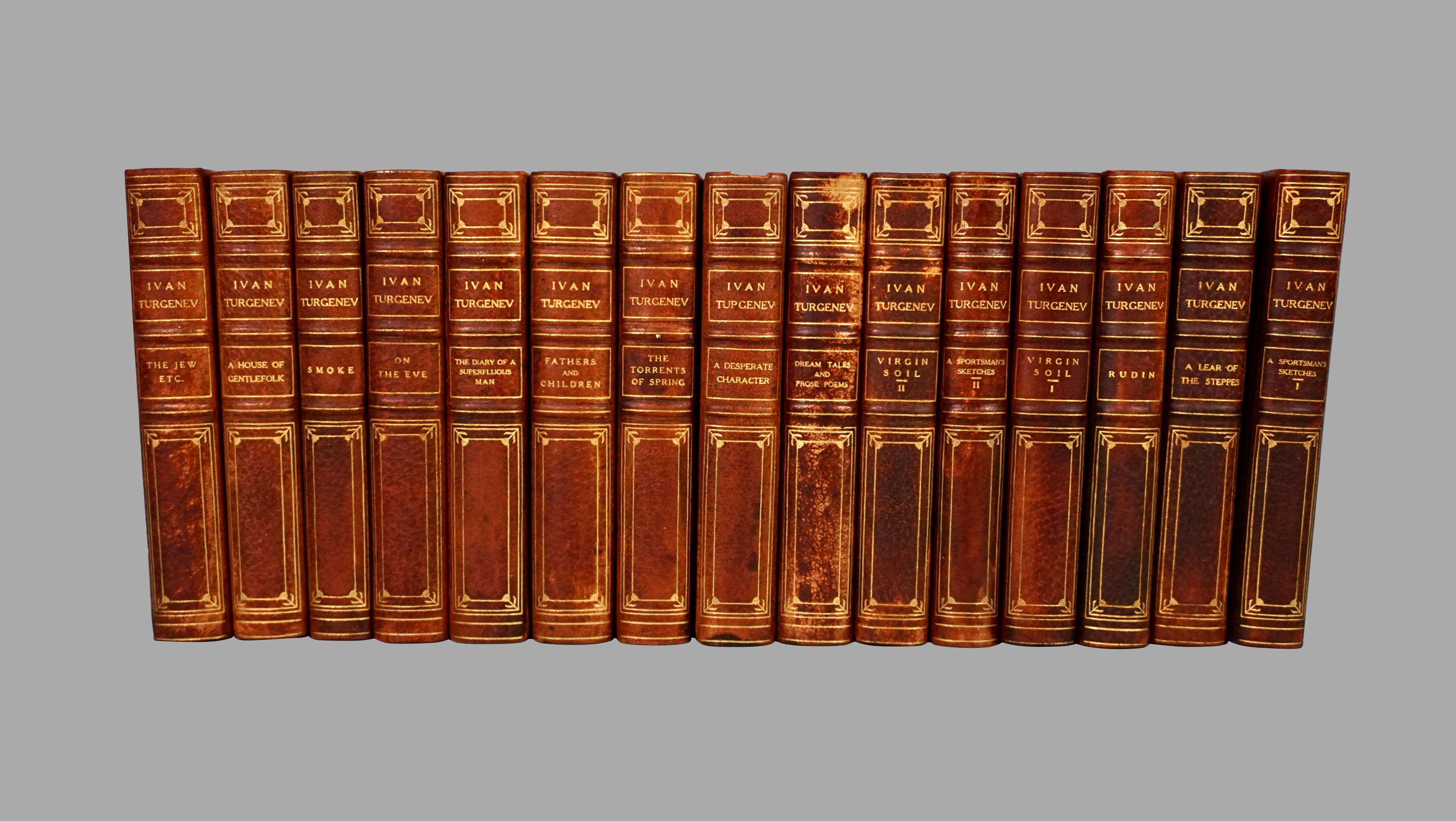 The Works of Ivan Turgenev (1818-1883) in 15 volumes, the large type fine paper edition, bound in 3/4 leather, published by William Heinemann, London 1916. Includes the author's most prominent works. Turgenev was a famous novelist, poet and