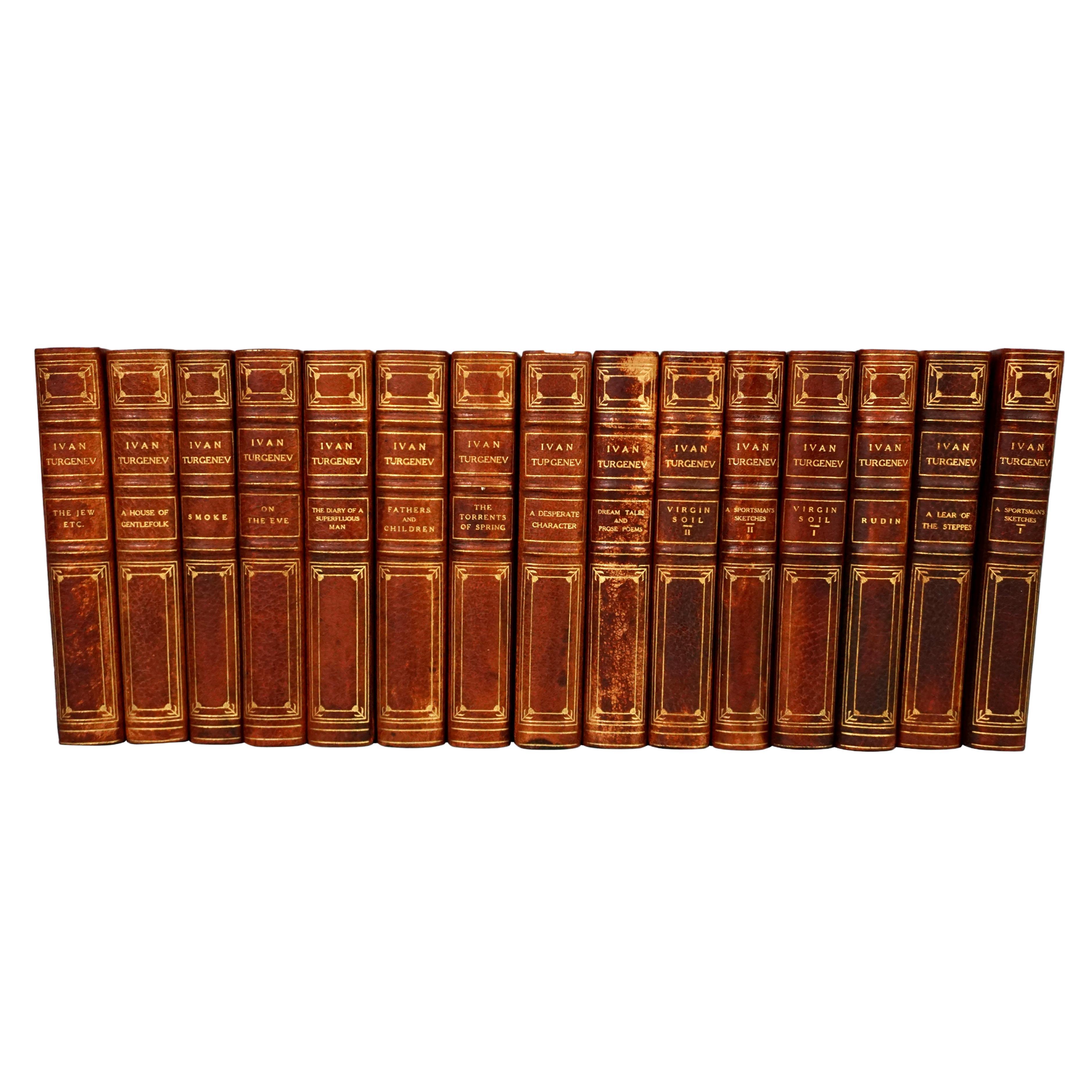 The Works of Turgenev in 15 Leatherbound Volumes Published London: 1916  For Sale