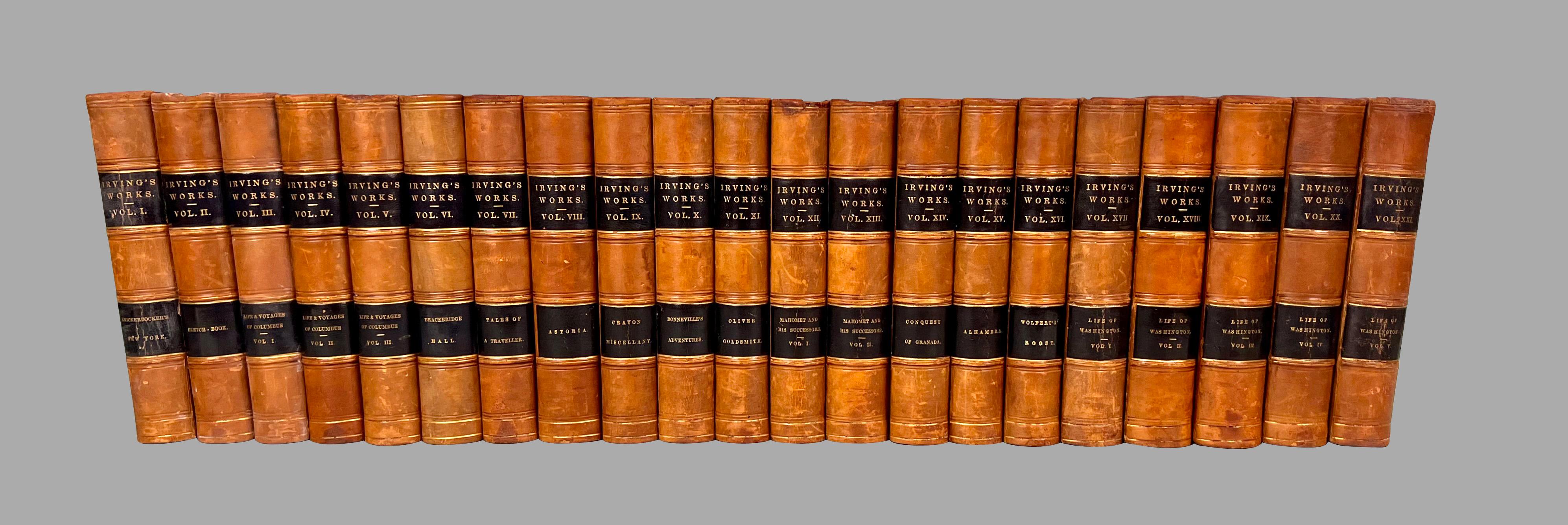 An attractive set of the works of Washington Irving in half-leather bindings with marbled boards and edges, comprising Life of Washington, volumes 1-5; and the Works of Washington Irving volumes 1-XVI. Published New York: G.P. Putman, 1860. In