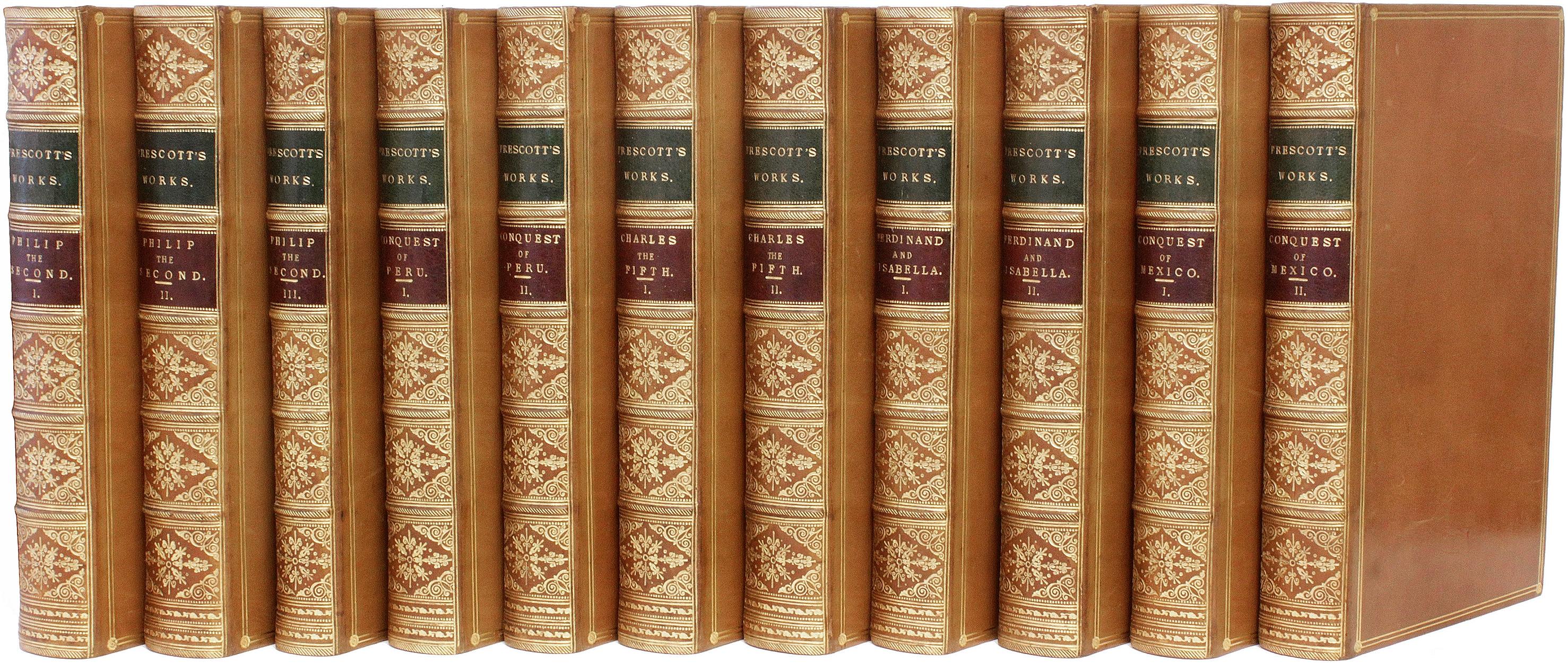 Britannico Le opere di William H. Prescott - 11 volumi. - IN UNA RILEGATURA IN VITELLO LUCIDATO in vendita