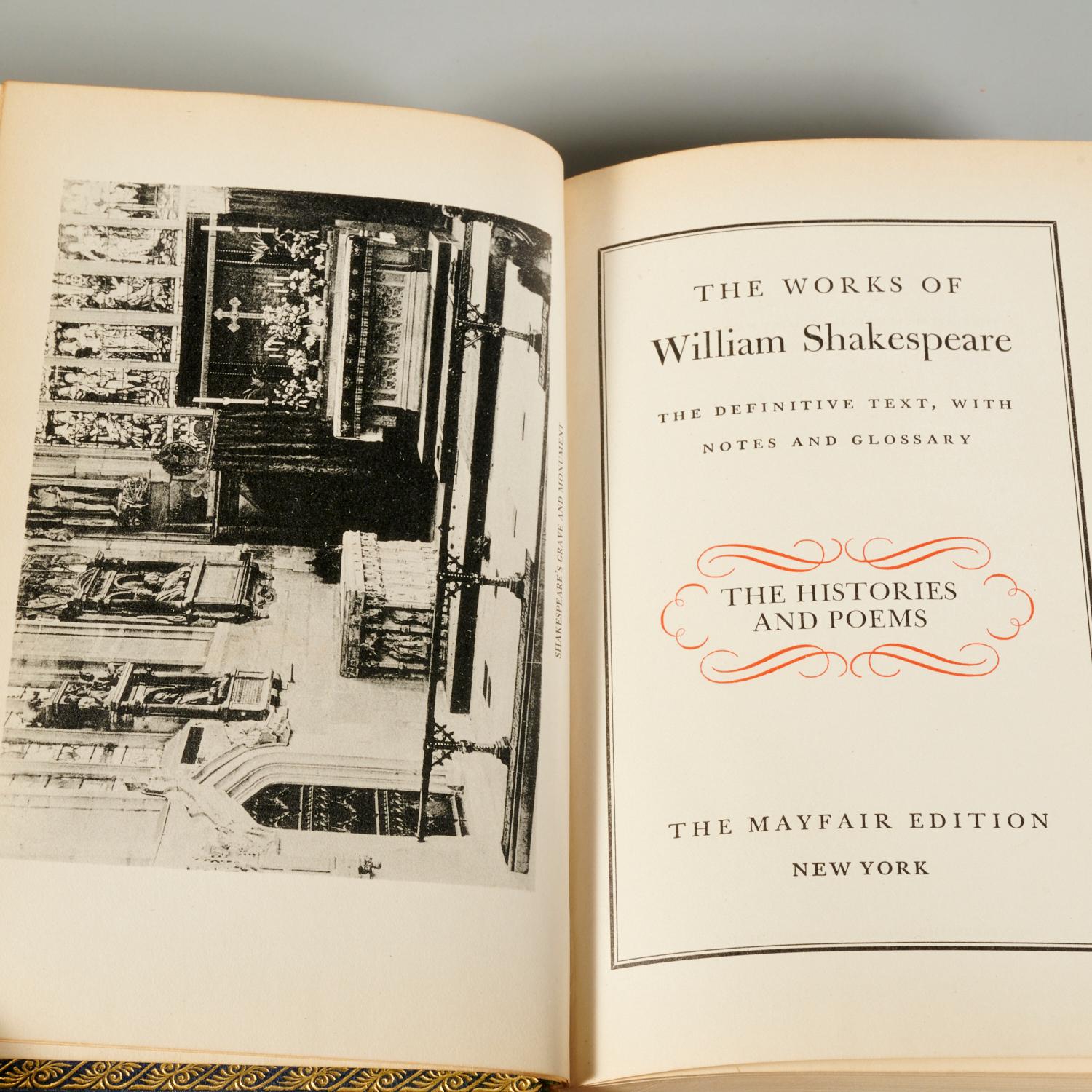 The Works of William Shakespeare - The Definitive Text, With Notes and Glossary, The Mayfair Edition, New York Three small octavo volumes, Tragedies, Comedies and Histories and Poems, bound by hand for the publisher, per the copyright page, by A.