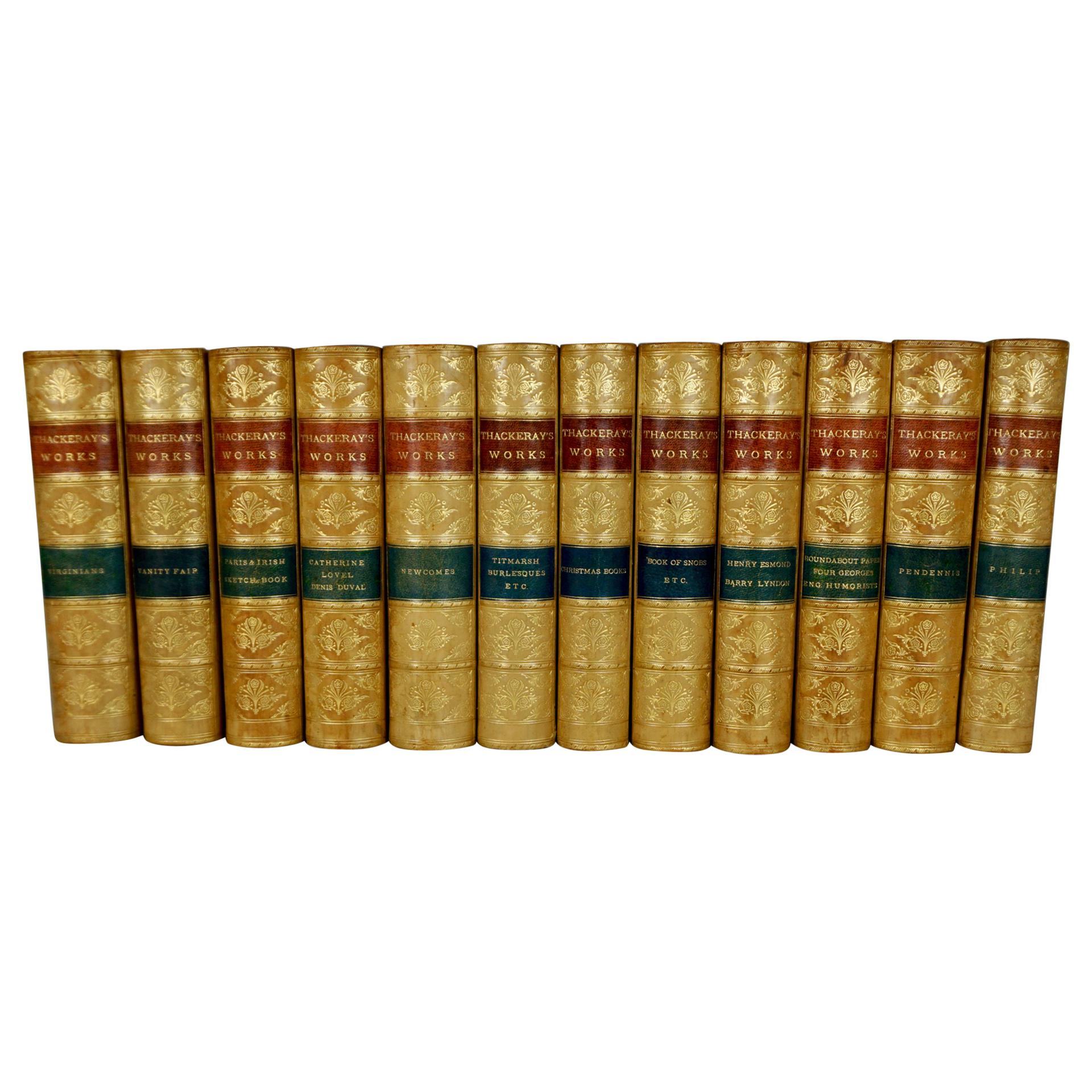 The Works of William Thackeray in 12 Tan Leather Bound Volumes with Gilt Spines 