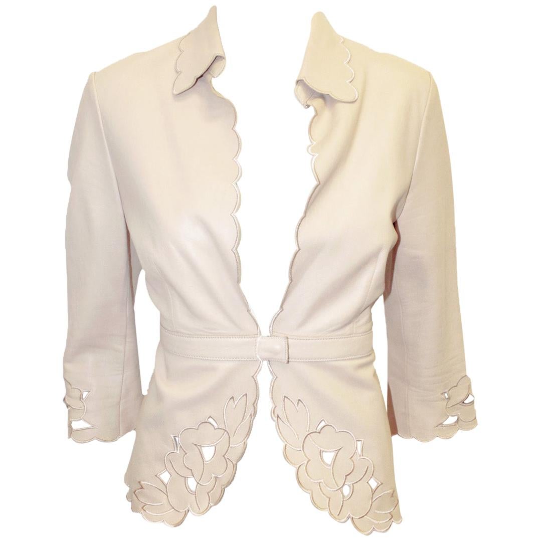 The Wrights Beige Laser Cut Embroidered Jacket w/ Scalloped Edges Size 6 US  For Sale