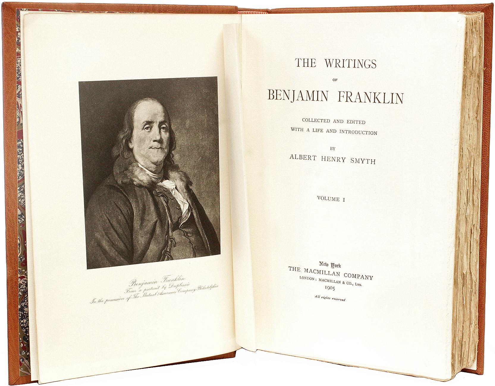 The Writings Of Benjamin Franklin. 10 VOLUMES - IN A FULL LEATHER BINDING! In Good Condition For Sale In Hillsborough, NJ