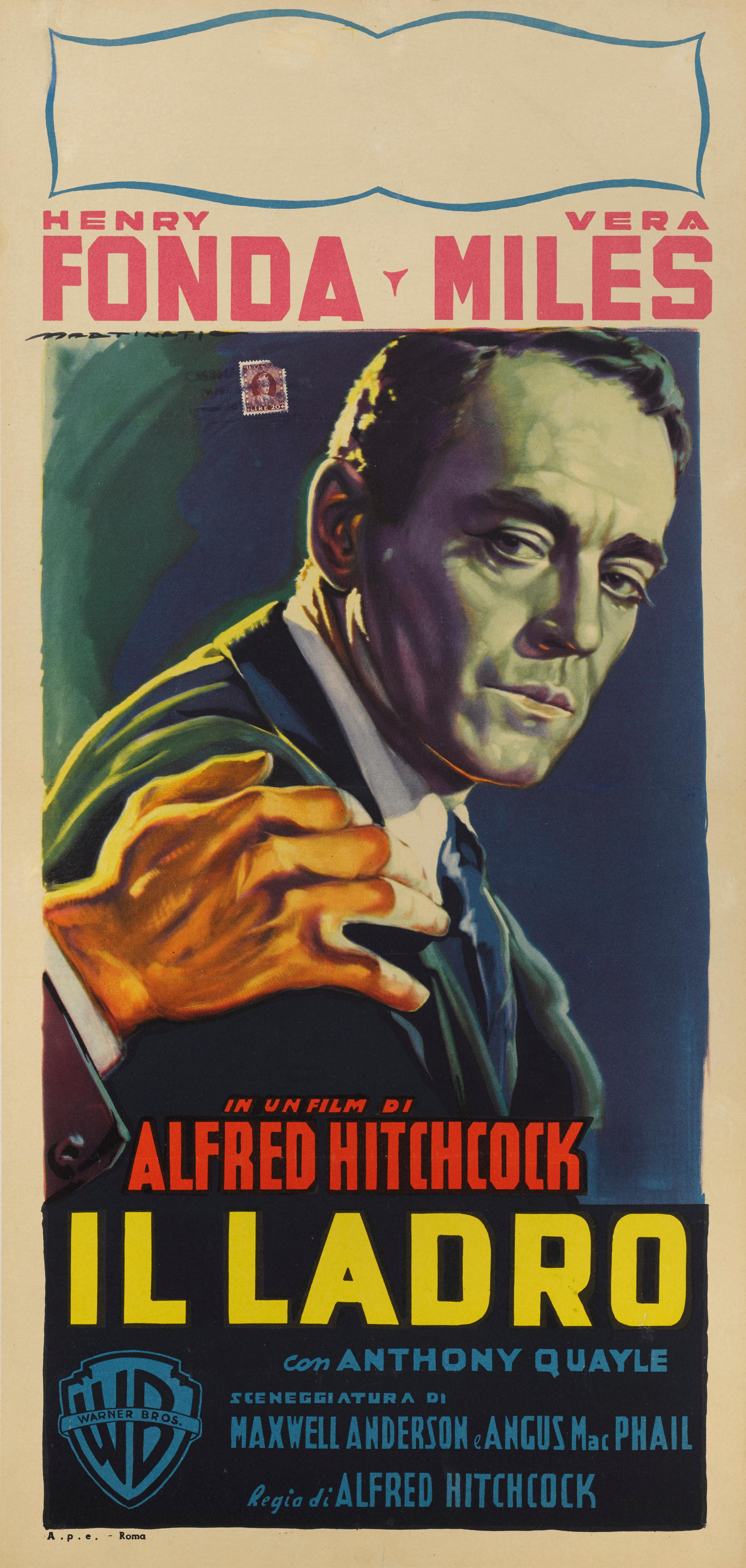 Original Italian film poster for Alfred Hitchcock's ‘The Wrong Man’, 1956.
This poster was created by Luigi Martinati (1893-1984) for the film's first Italian release in 1957.
This Hitchcock drama stars Henry Fonda and Vera Miles, and is based on