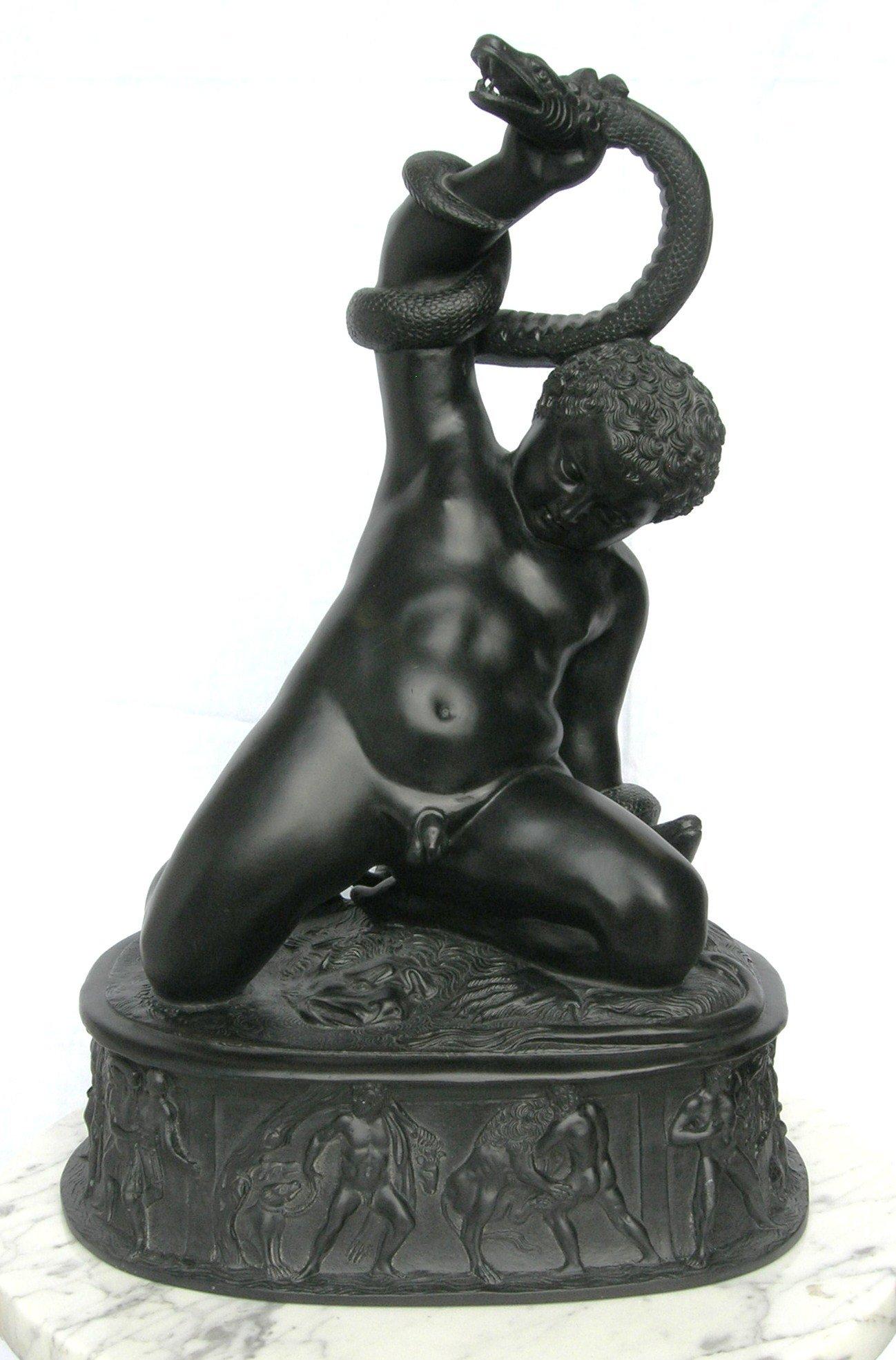 A stunning young Hercules, Basalt black marble sculpture, 20th century.
The Young Hercules, after Thorvaldsen, in Basalt black
Hercule”s mother Alcmena, was visited one night by Zeus, he came to warn her of his wife's plot. 

Zeus wife Hera was