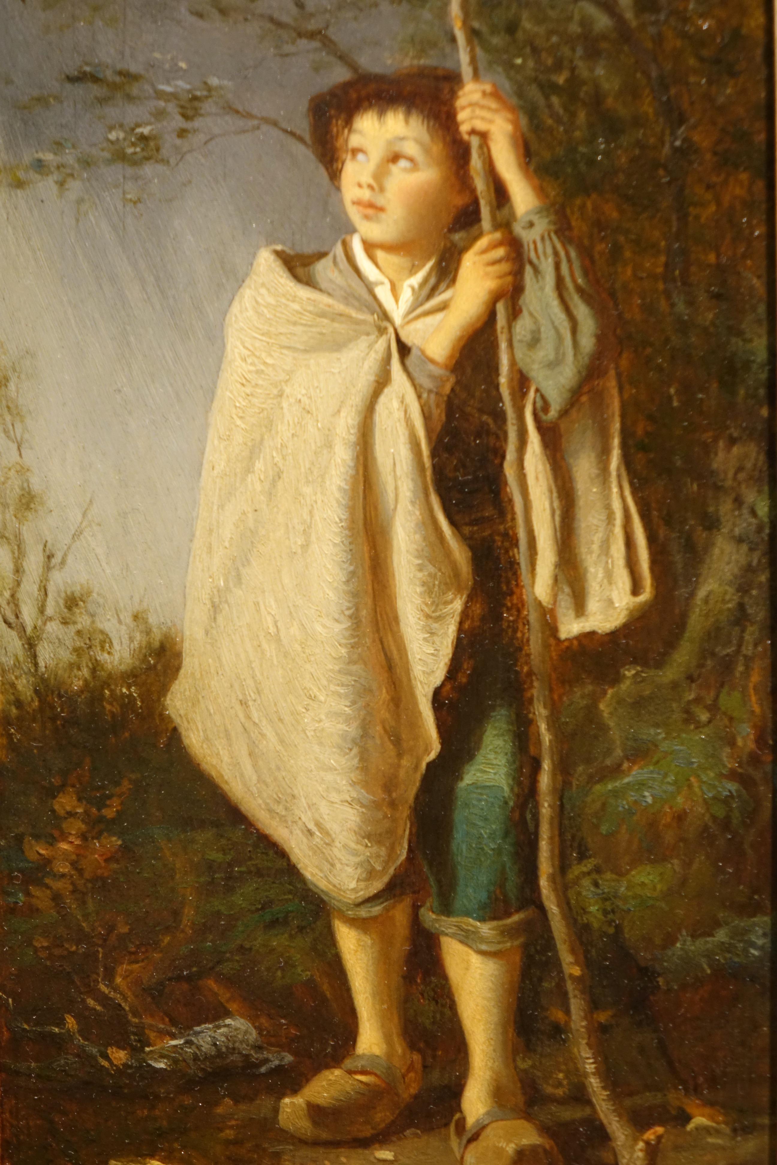 The young shepherd oil on wood panel signed Antoine Richard, 1822-1891.
A painting  representing  a young shepherd daydreaming, leaning on his stick. 
 Genre scene signed A.RICHARD lower left
French school.  Antoine RICHARD, born in Châlon sur