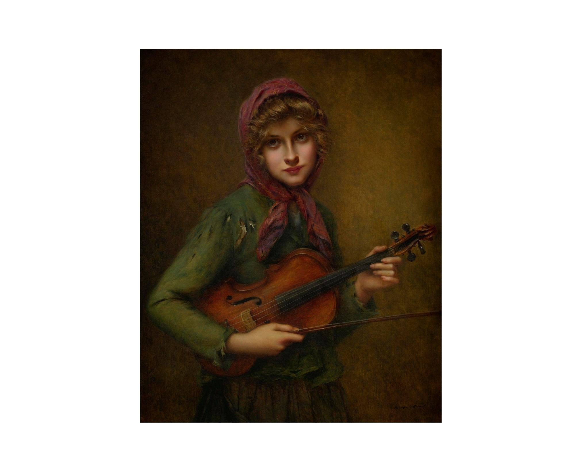 French The Young Violin Player, after Victorian Oil Painting by Francois Martin Kavel For Sale