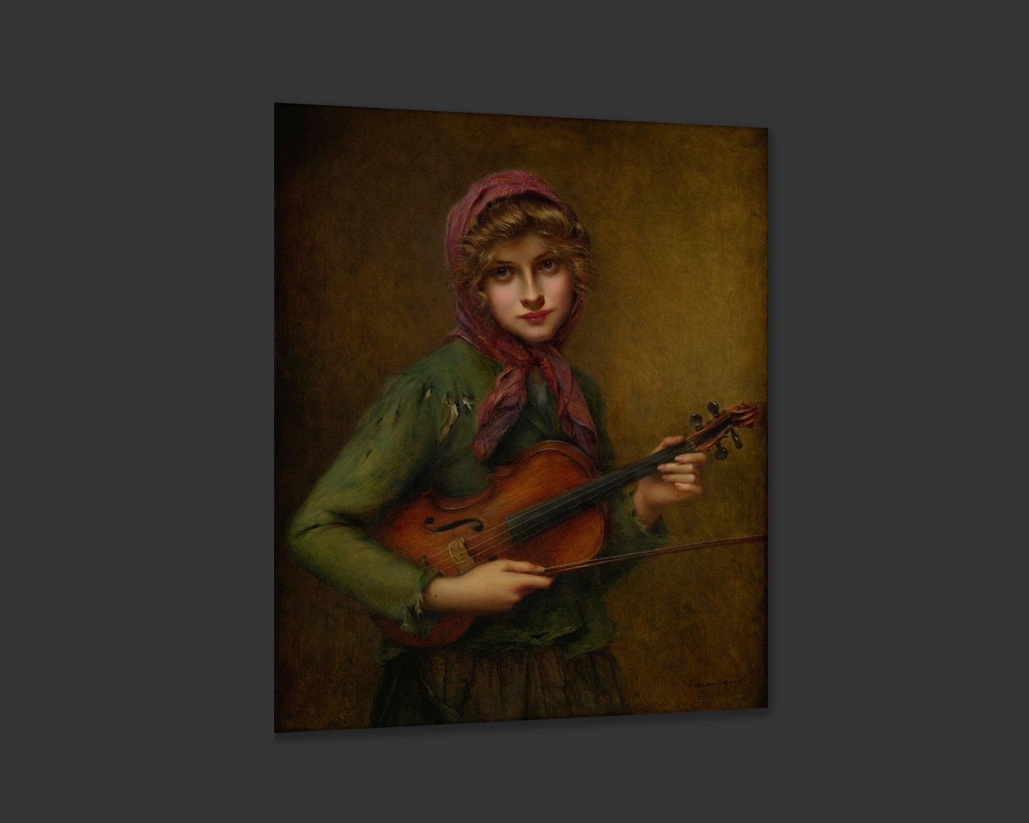 The Young Violin Player, after Victorian Oil Painting by Francois Martin Kavel In New Condition For Sale In Fairhope, AL