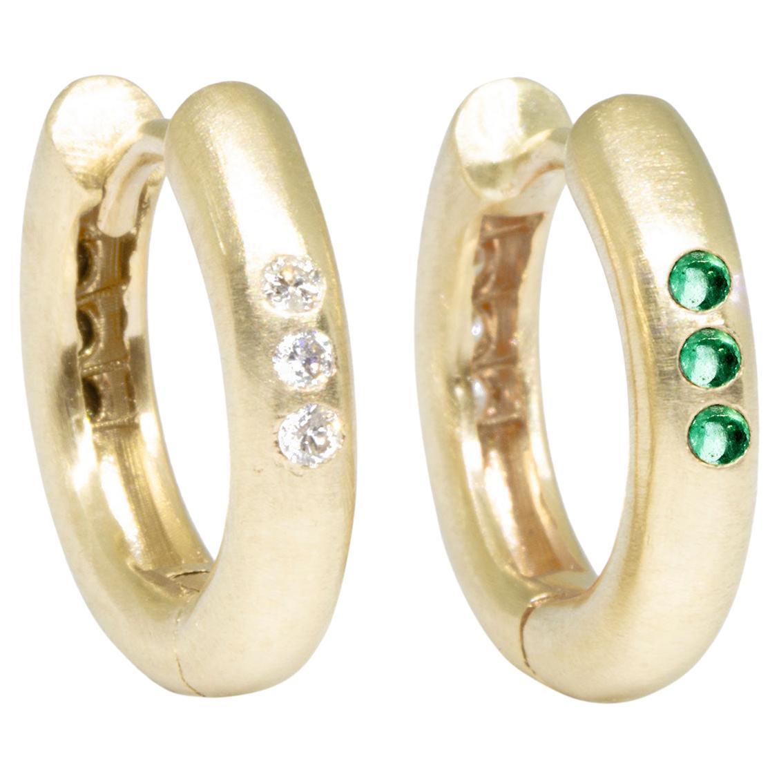 The Zen Diamond & Emerald Gold Reversible Huggies For Sale