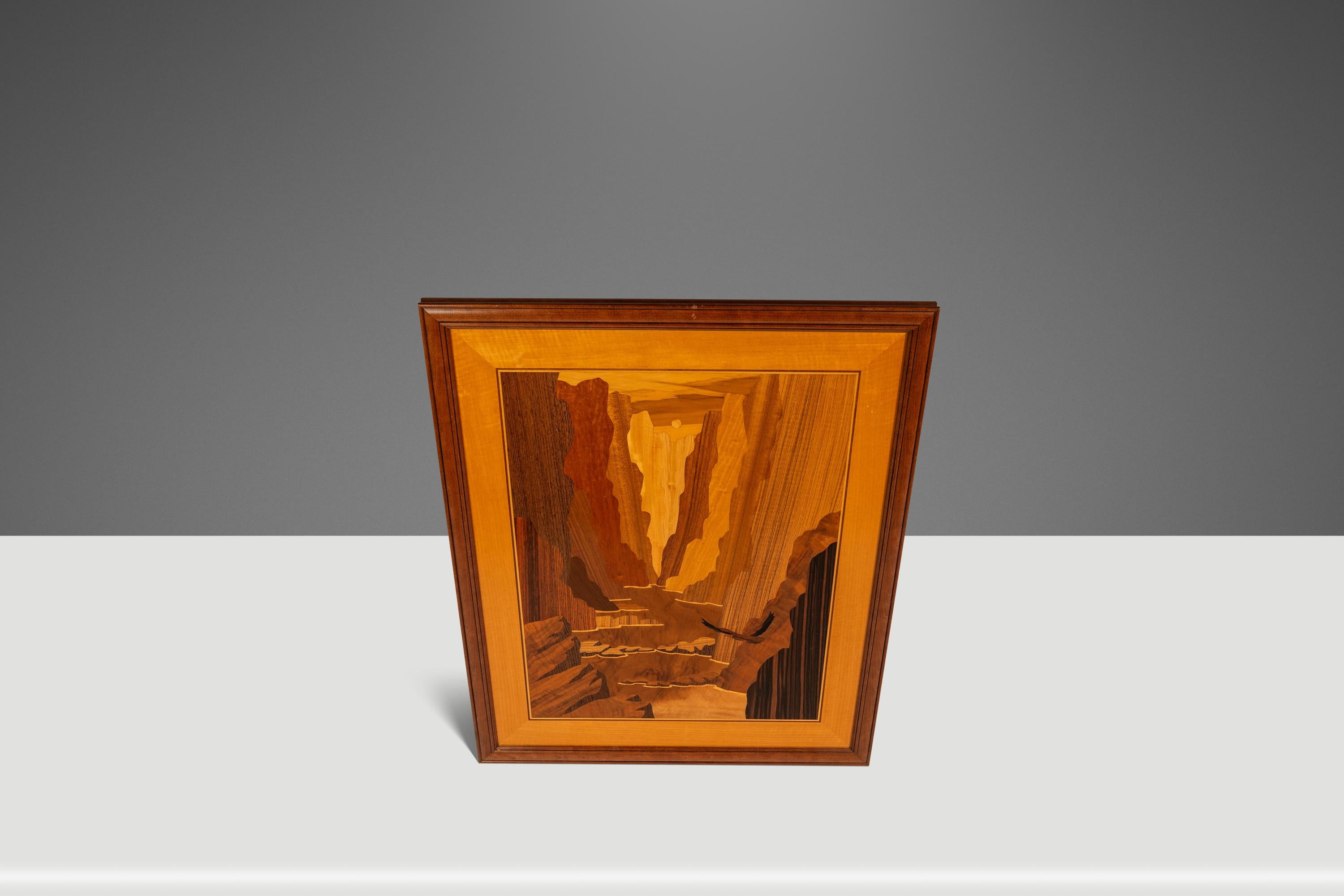 This exquisite Mid-Century wood marquetry art piece, titled 
