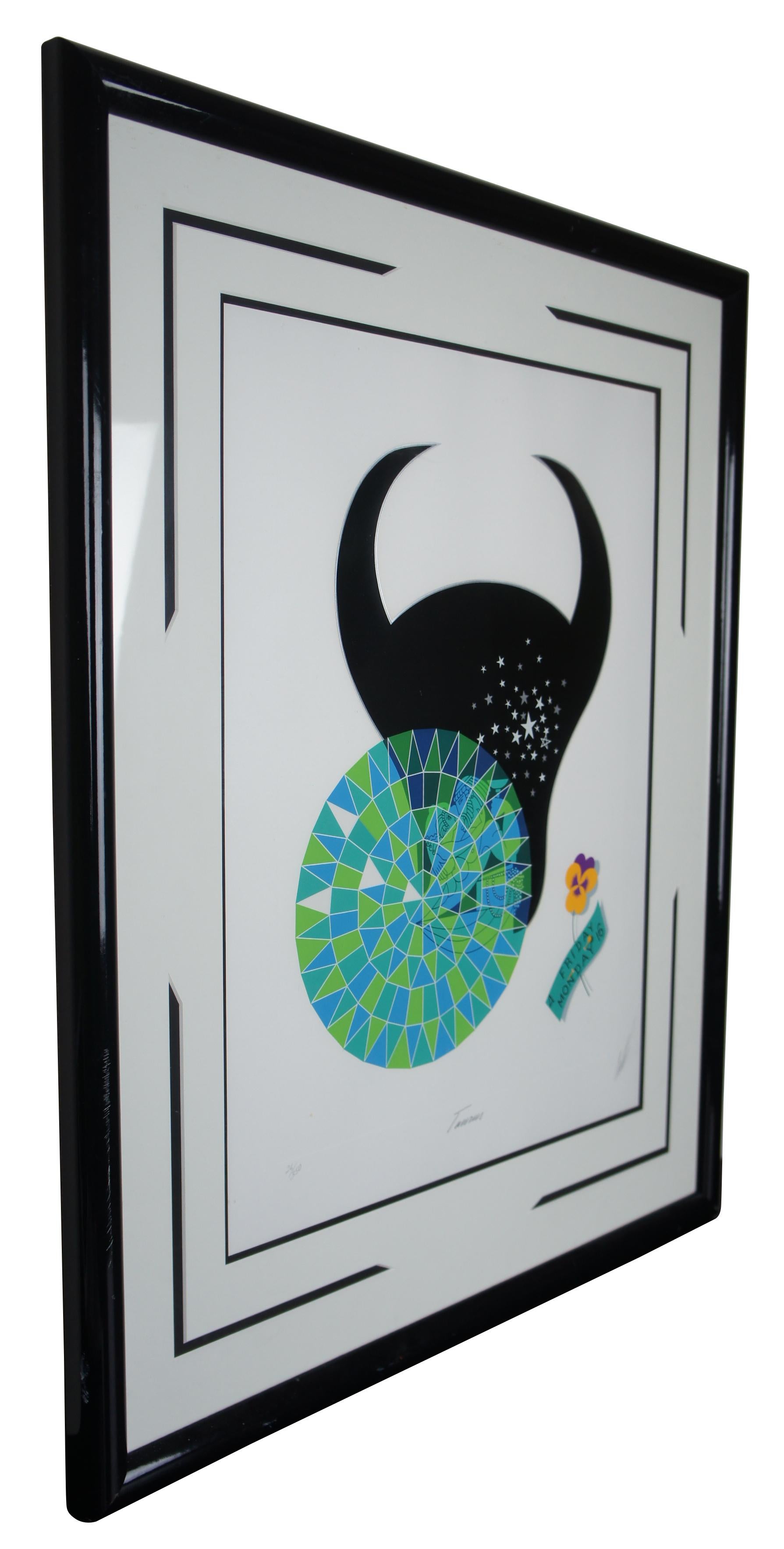 Pencil signed and numbered 26/350 Erte print titled Taurus, portraying a bull’s head silhouette strewn with stars, two Greek figures embracing behind a blue and green stained glass medallion and a pansy with the label “4 Friday, Monday 16.” Measure: