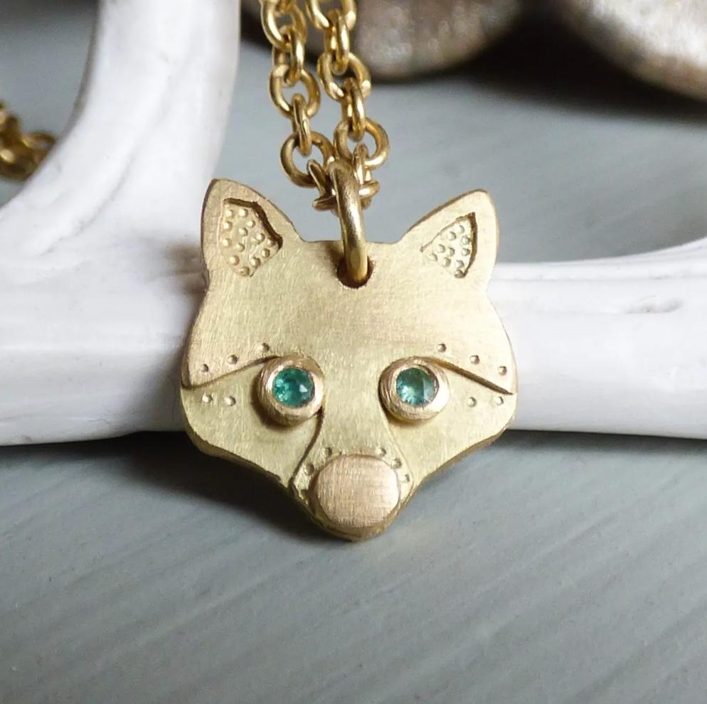 Artisan The Zorro Fox Ethical Amulet 18ct Fairmined Gold Green Diamond Eyes Pendant For Sale