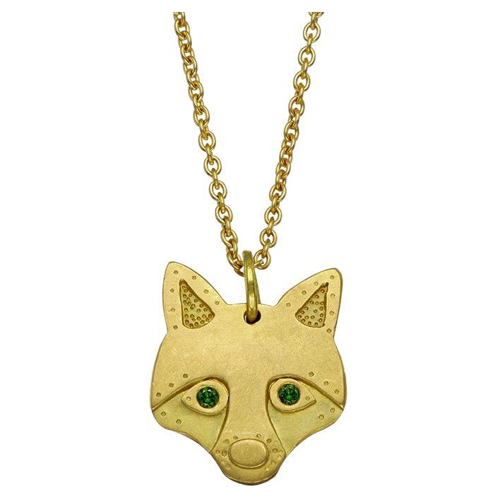 The Zorro Fox Ethical Amulet 18ct Fairmined Gold Green Diamond Eyes Pendant For Sale