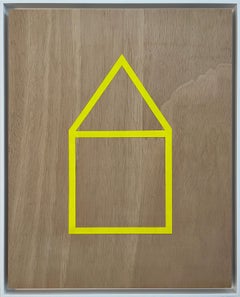 Modern figurative painting minimal art yellow house acrylics on wood 59 x 48 cm