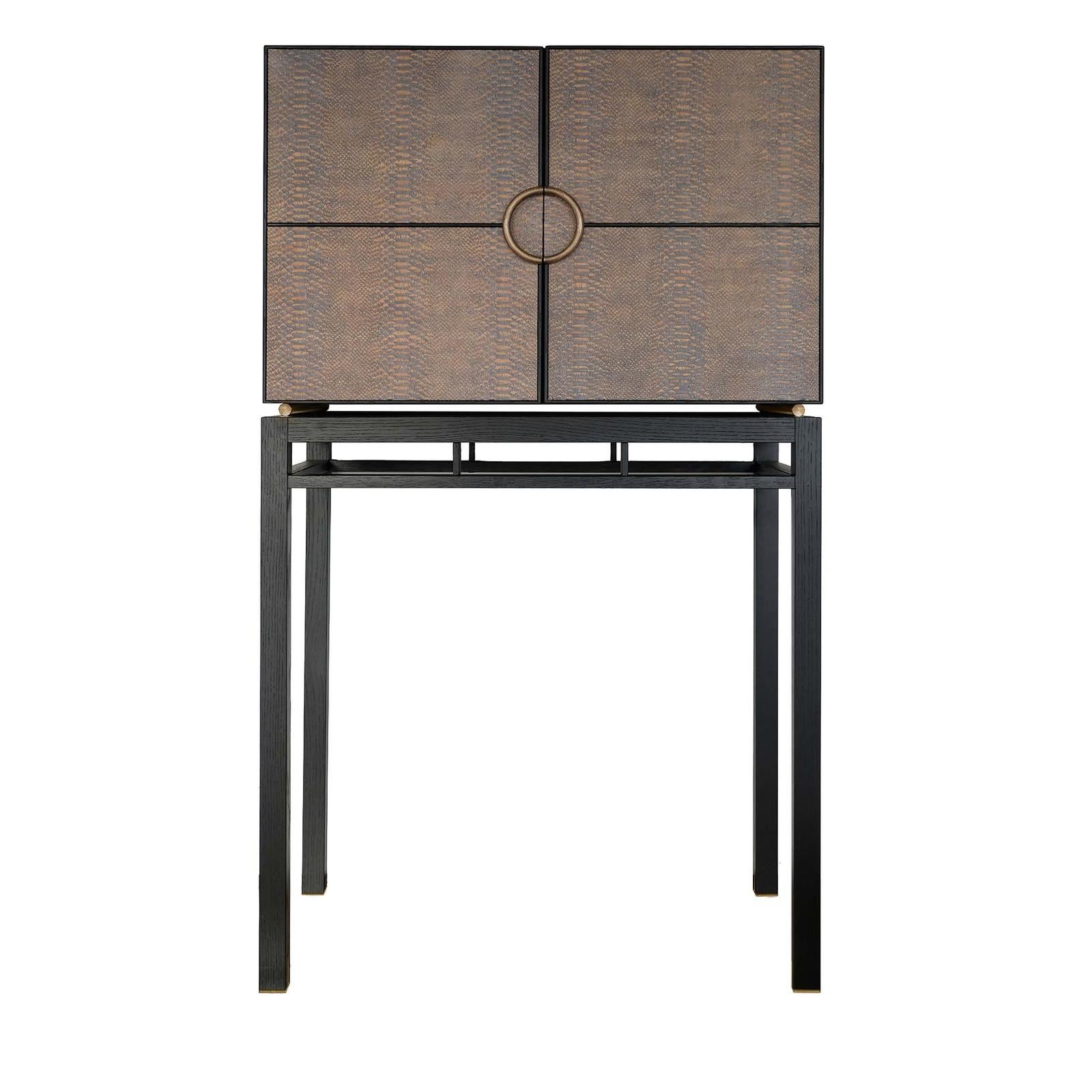 The internal organization of the space, the open and slender design of the base, and the strong architectural silhouette of this bar cabinet evokes sleek midcentury aesthetic, elevated to a modern style with the use of an exclusive finish. Made in