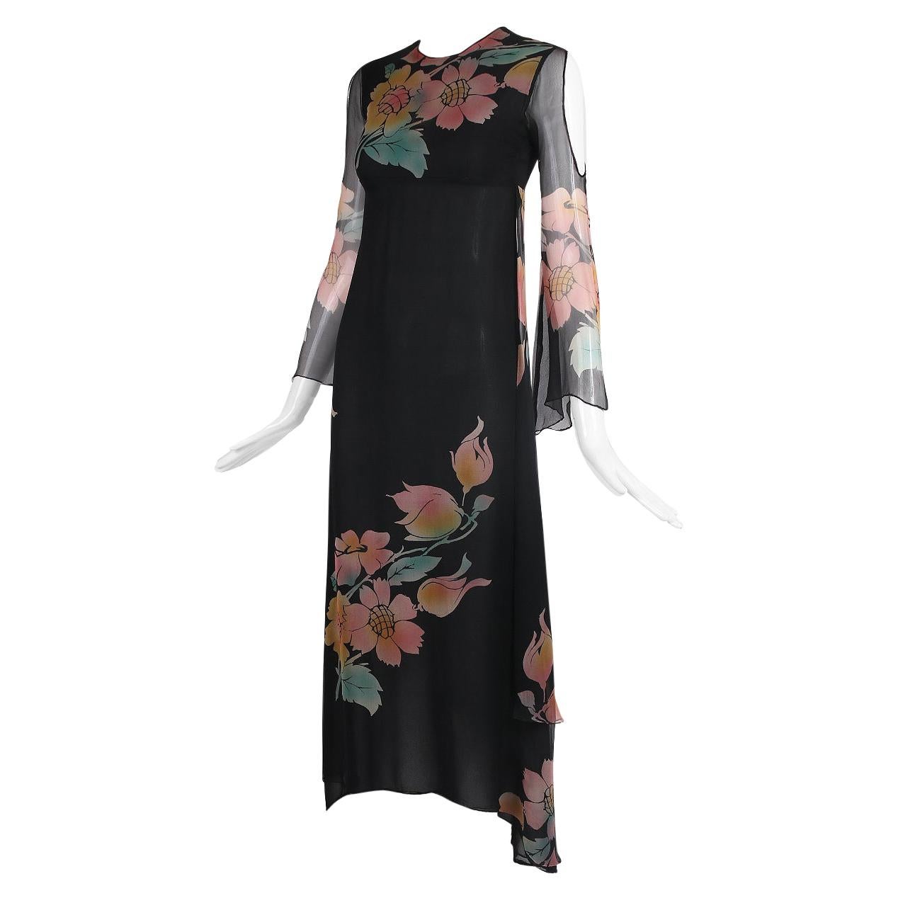 Thea Porter Couture Black Chiffon Gown w/Floral Print
