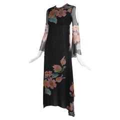 Thea Porter Couture Schwarzes Chiffon-Kleid mit Blumendruck