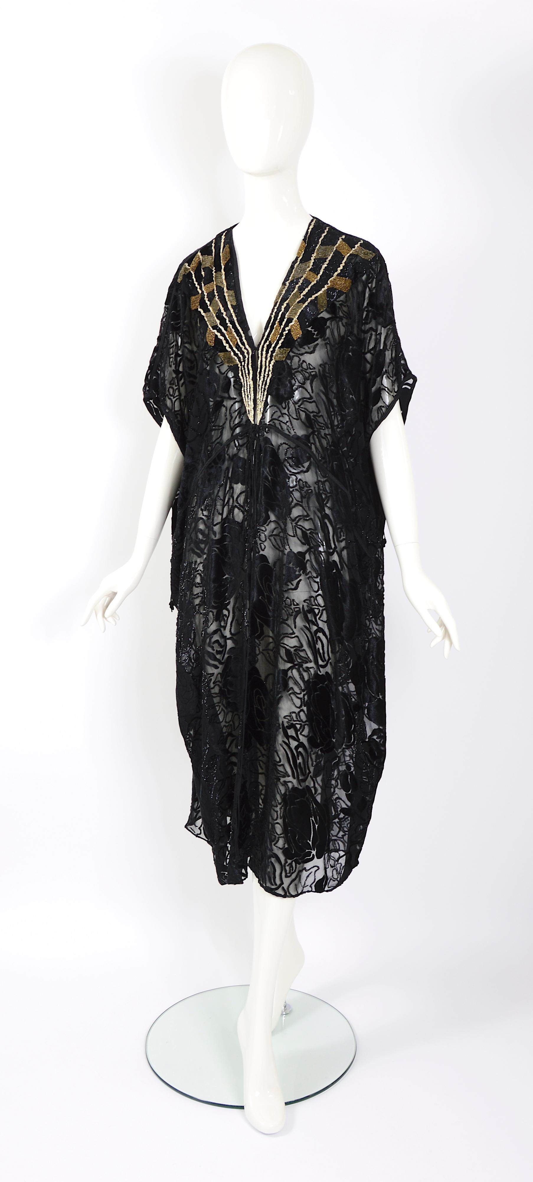 Title: Thea Porter couture vintage 1977 black silk cut velvet embroidered abaya  For Sale 8