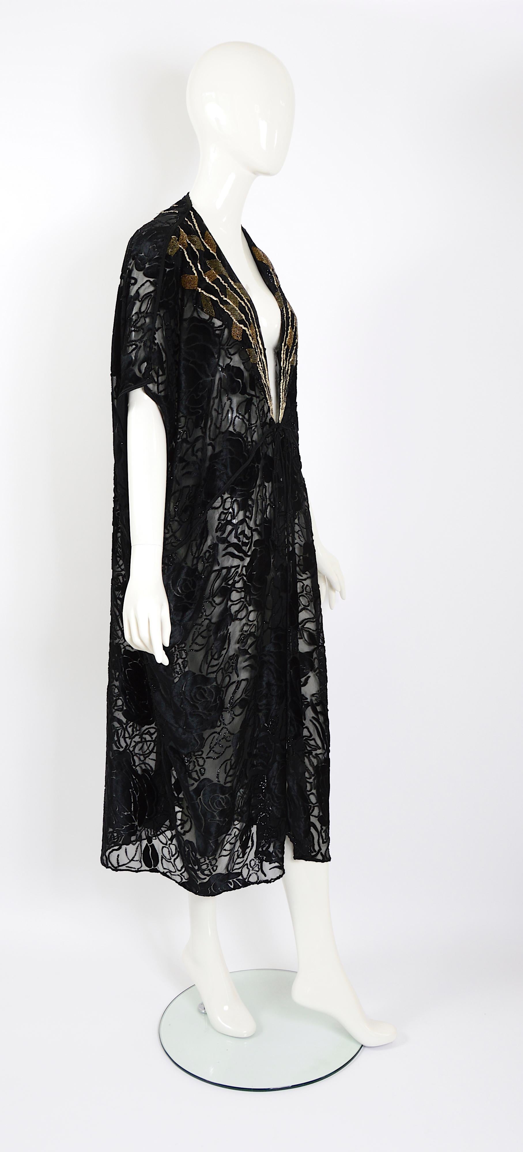 Women's or Men's Title: Thea Porter couture vintage 1977 black silk cut velvet embroidered abaya  For Sale