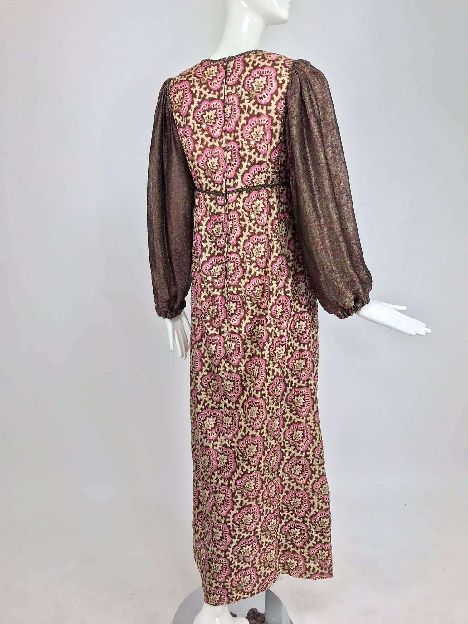 Thea Porter printed mirrored silk maxi dress with gold shot sleeves 1970s 5