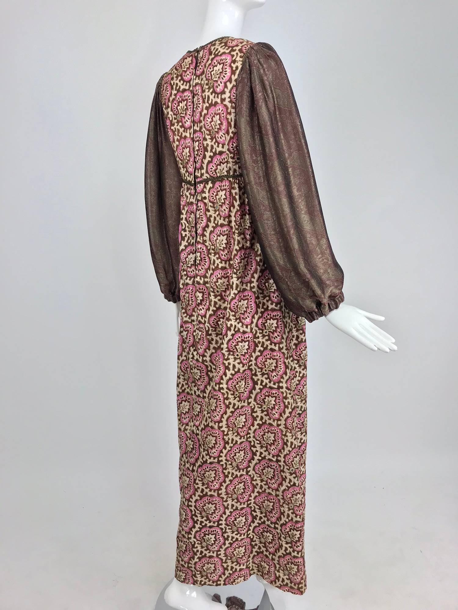 Thea Porter printed mirrored silk maxi dress with gold shot sleeves 1970s 6