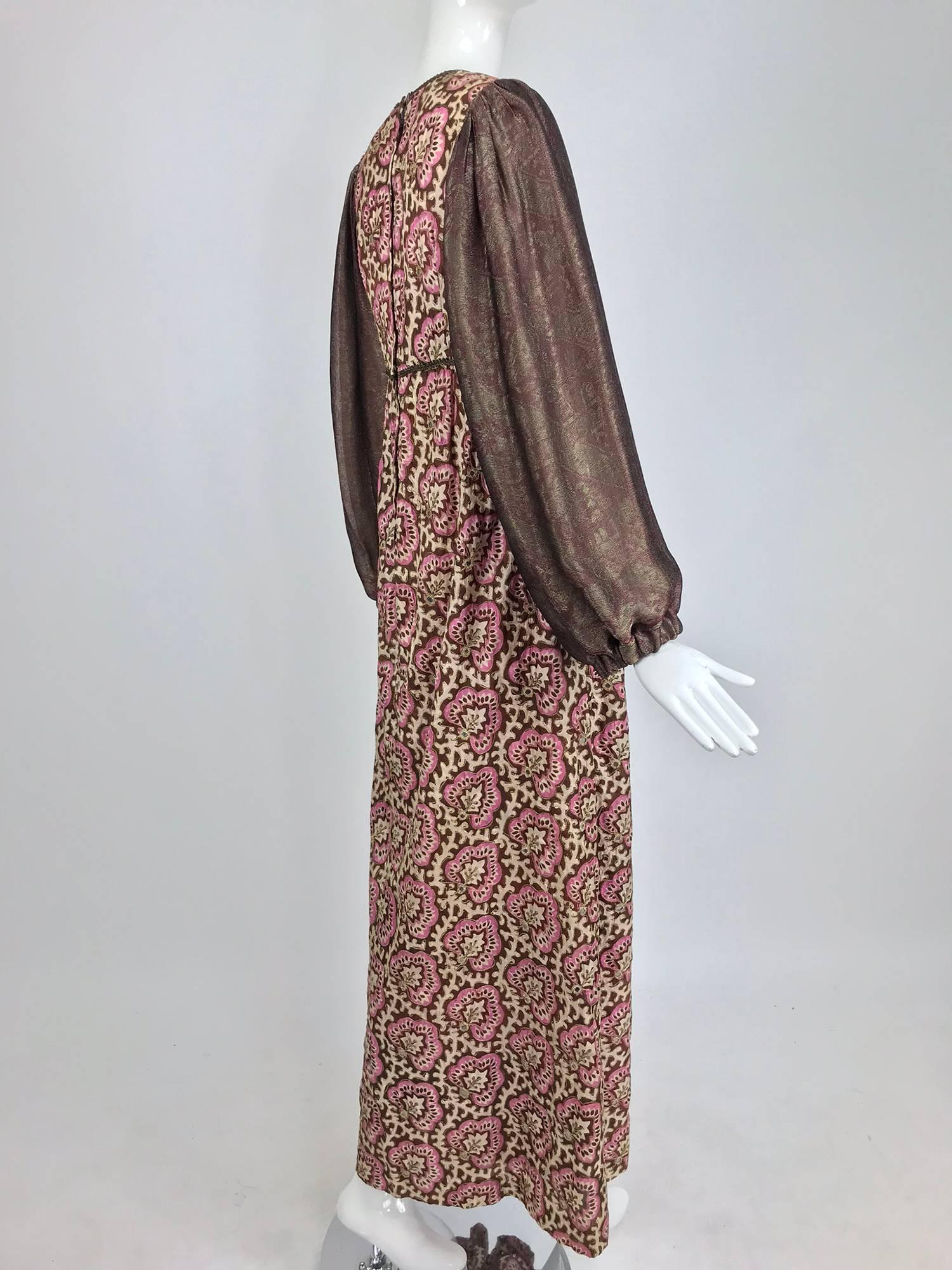 Thea Porter printed mirrored silk maxi dress with gold shot sleeves 1970s 7