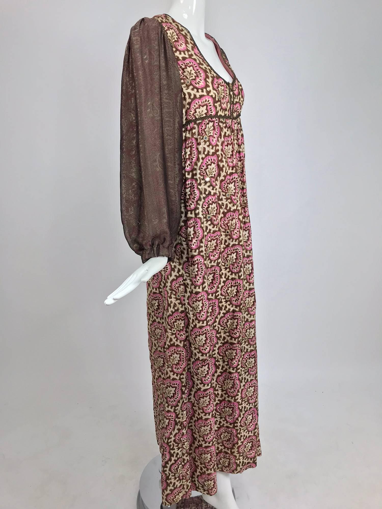 Thea Porter printed mirrored silk maxi dress with gold shot sleeves 1970s 8