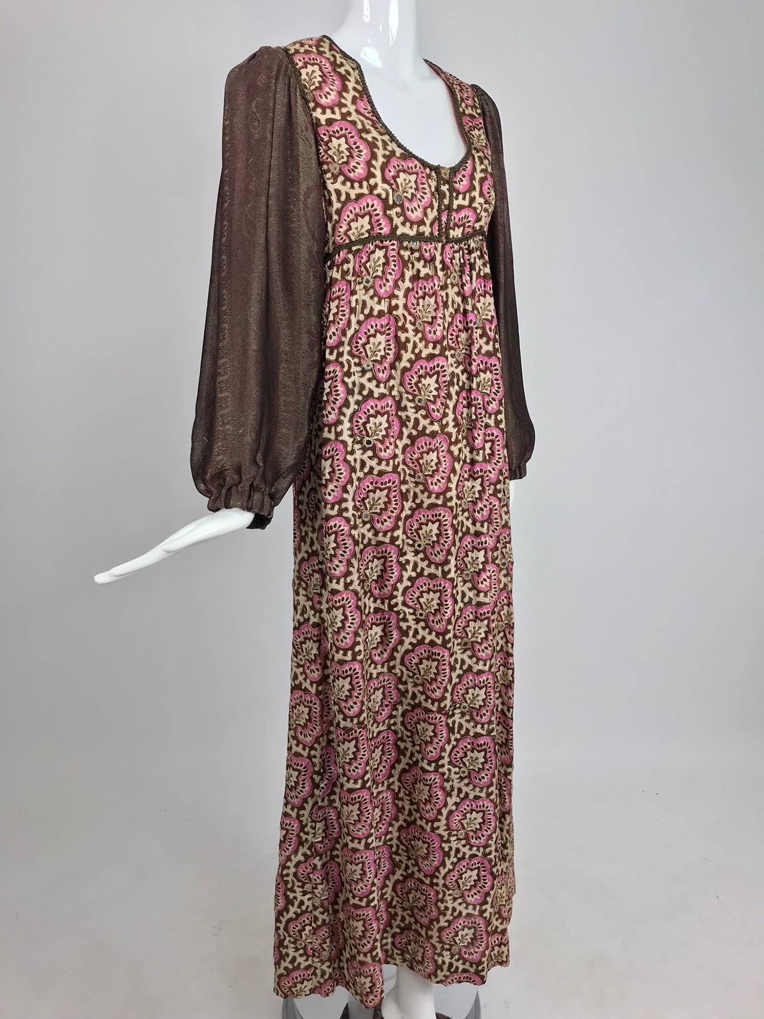Thea Porter printed mirrored silk maxi dress with gold shot sleeves 1970s 9
