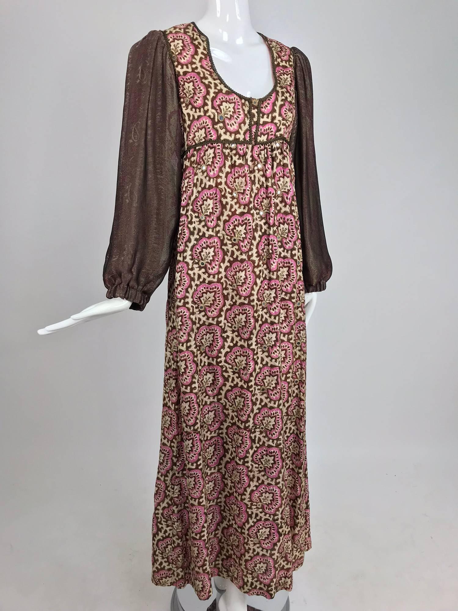 Thea Porter printed mirrored silk maxi dress with gold shot sleeves 1970s 10
