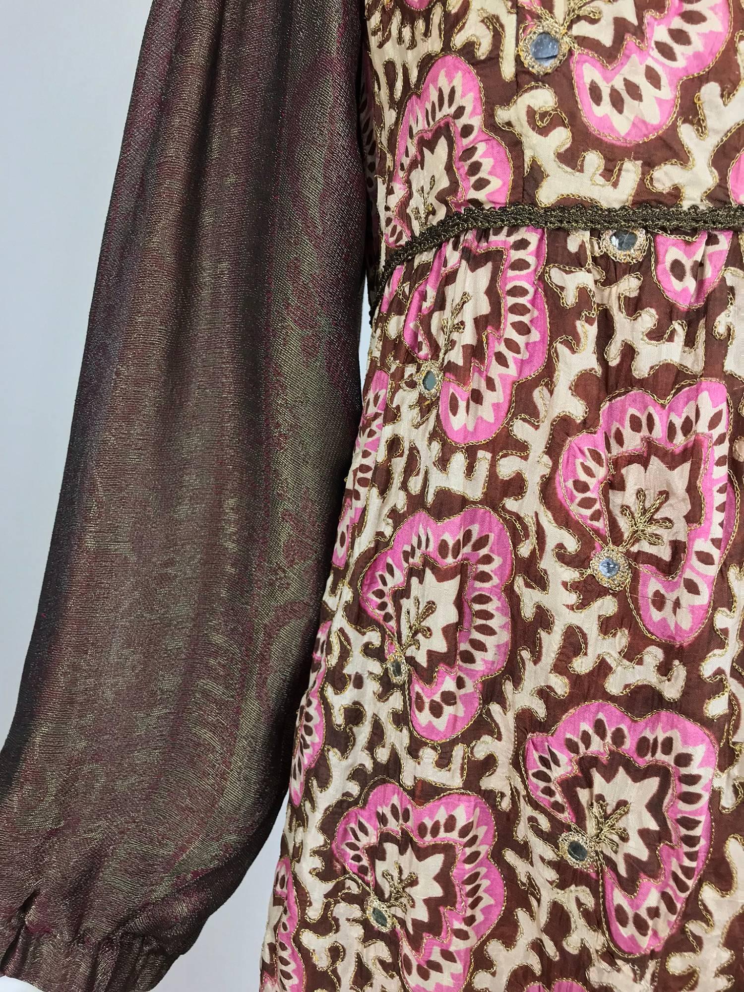 Thea Porter printed mirrored silk maxi dress with gold shot sleeves 1970s 12