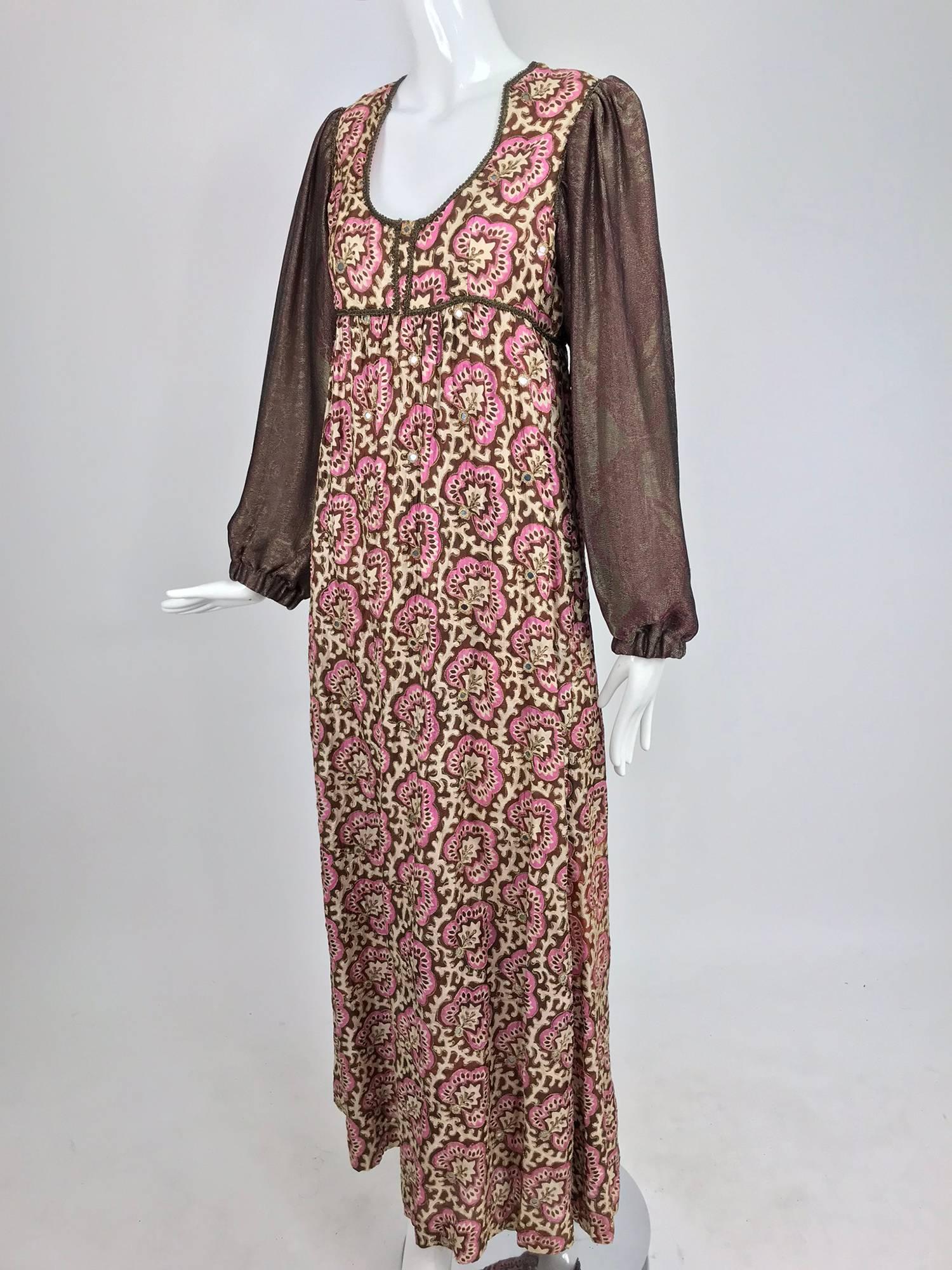 Thea Porter printed mirrored silk dress with gold shot sleeves from the 1970s...Thea Porter, known for her bohemian lux caftans and dresses from the 1960s and 70s with clients like Elizabeth Taylor, Talitha Getty, Bianca Jagger and Jane Holzer her