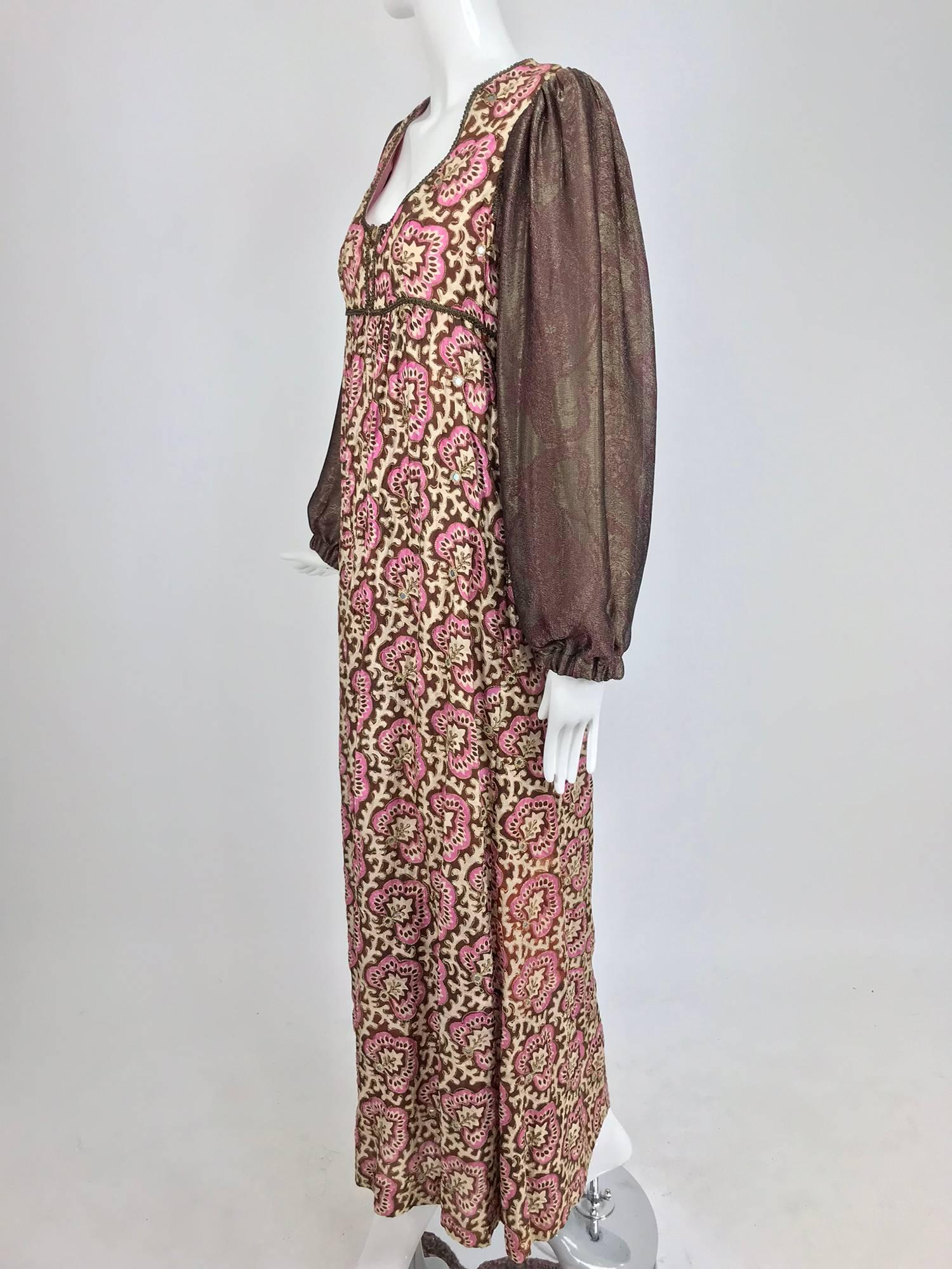 Brown Thea Porter printed mirrored silk maxi dress with gold shot sleeves 1970s