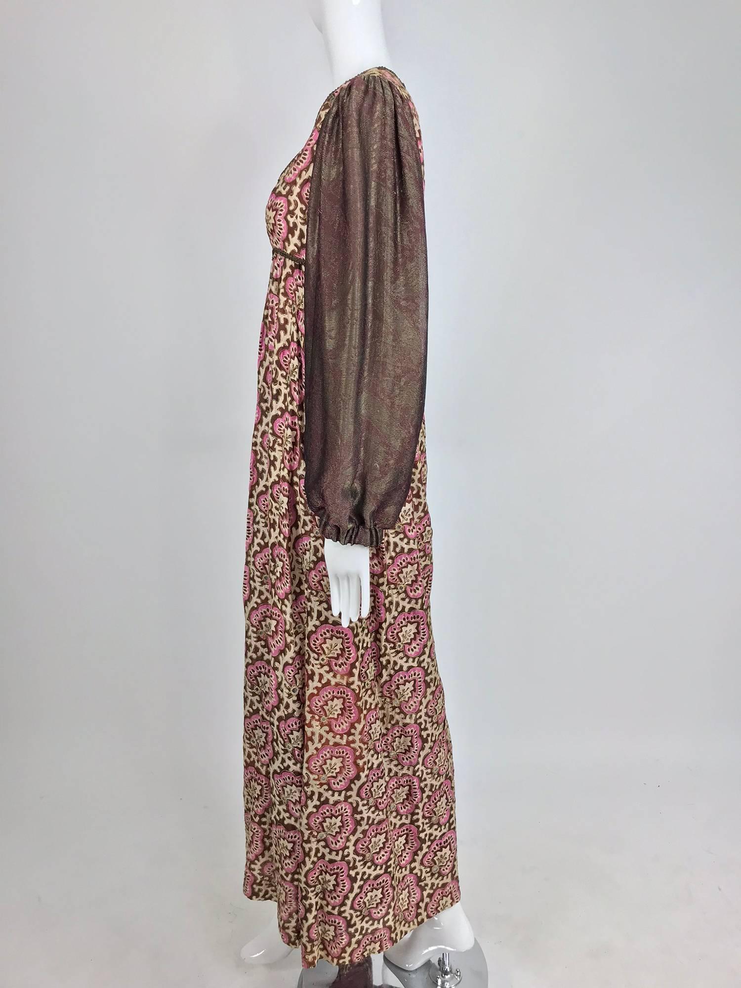 Thea Porter printed mirrored silk maxi dress with gold shot sleeves 1970s In Excellent Condition In West Palm Beach, FL