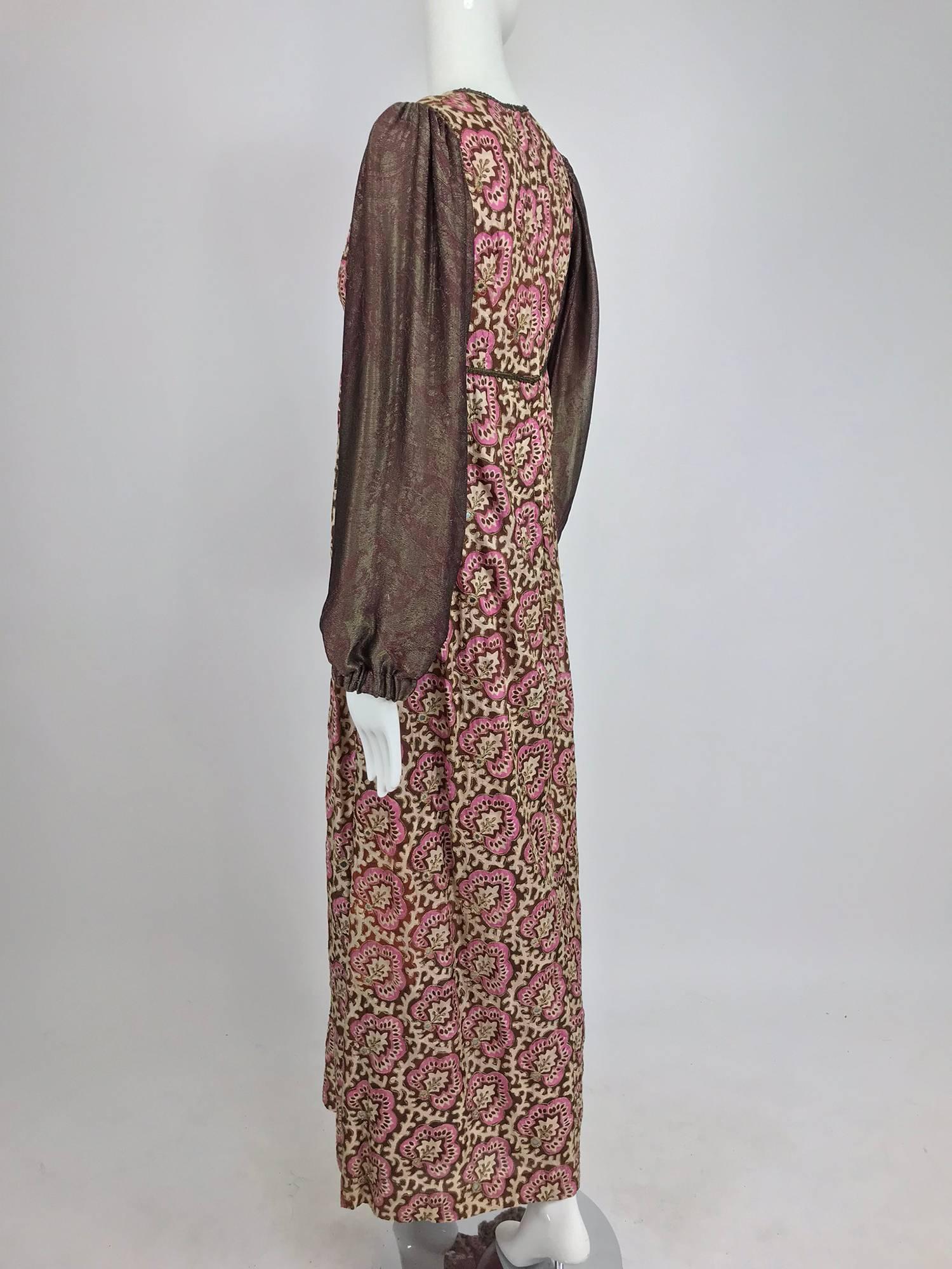 Women's Thea Porter printed mirrored silk maxi dress with gold shot sleeves 1970s