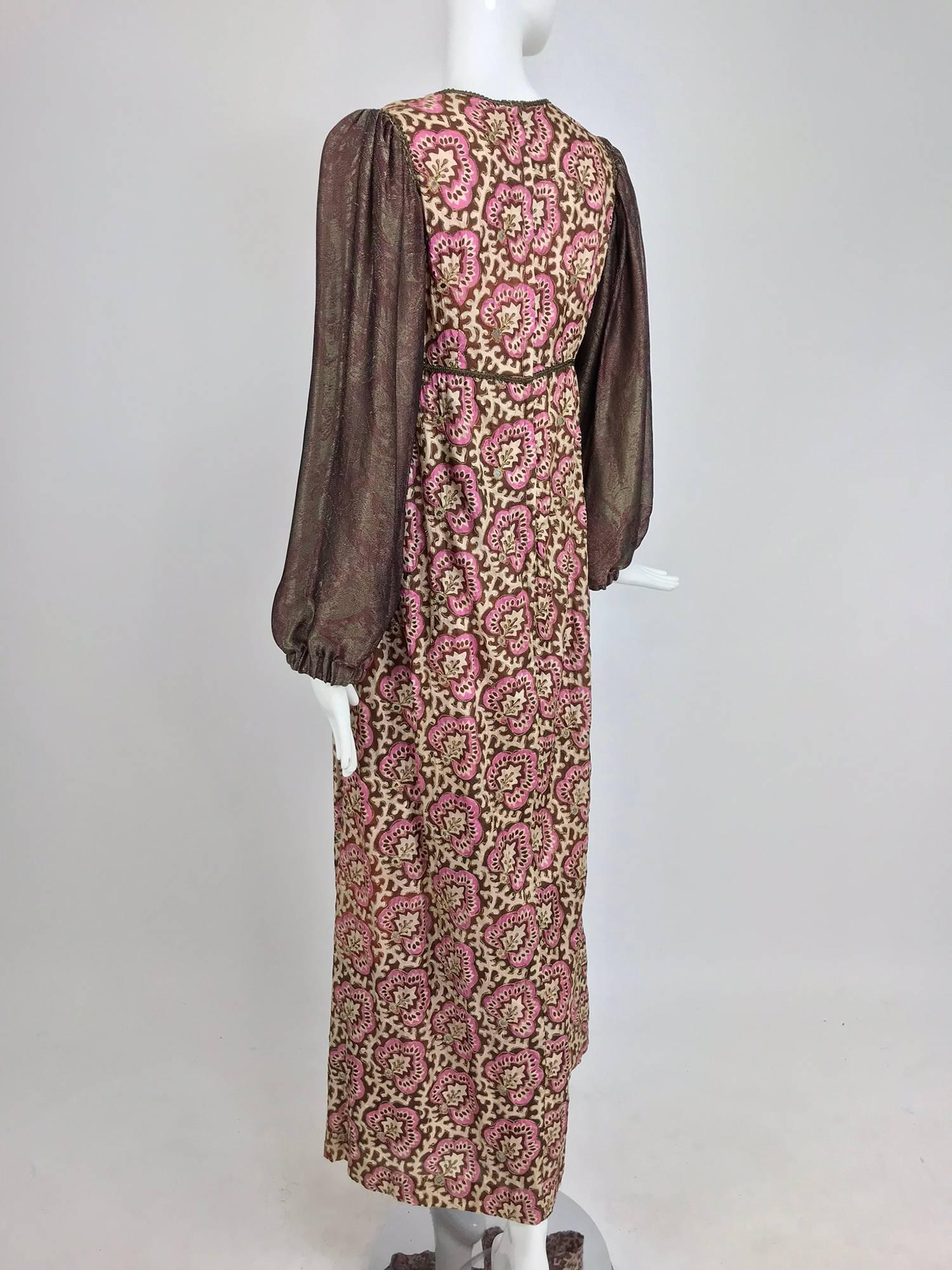 Thea Porter printed mirrored silk maxi dress with gold shot sleeves 1970s 1