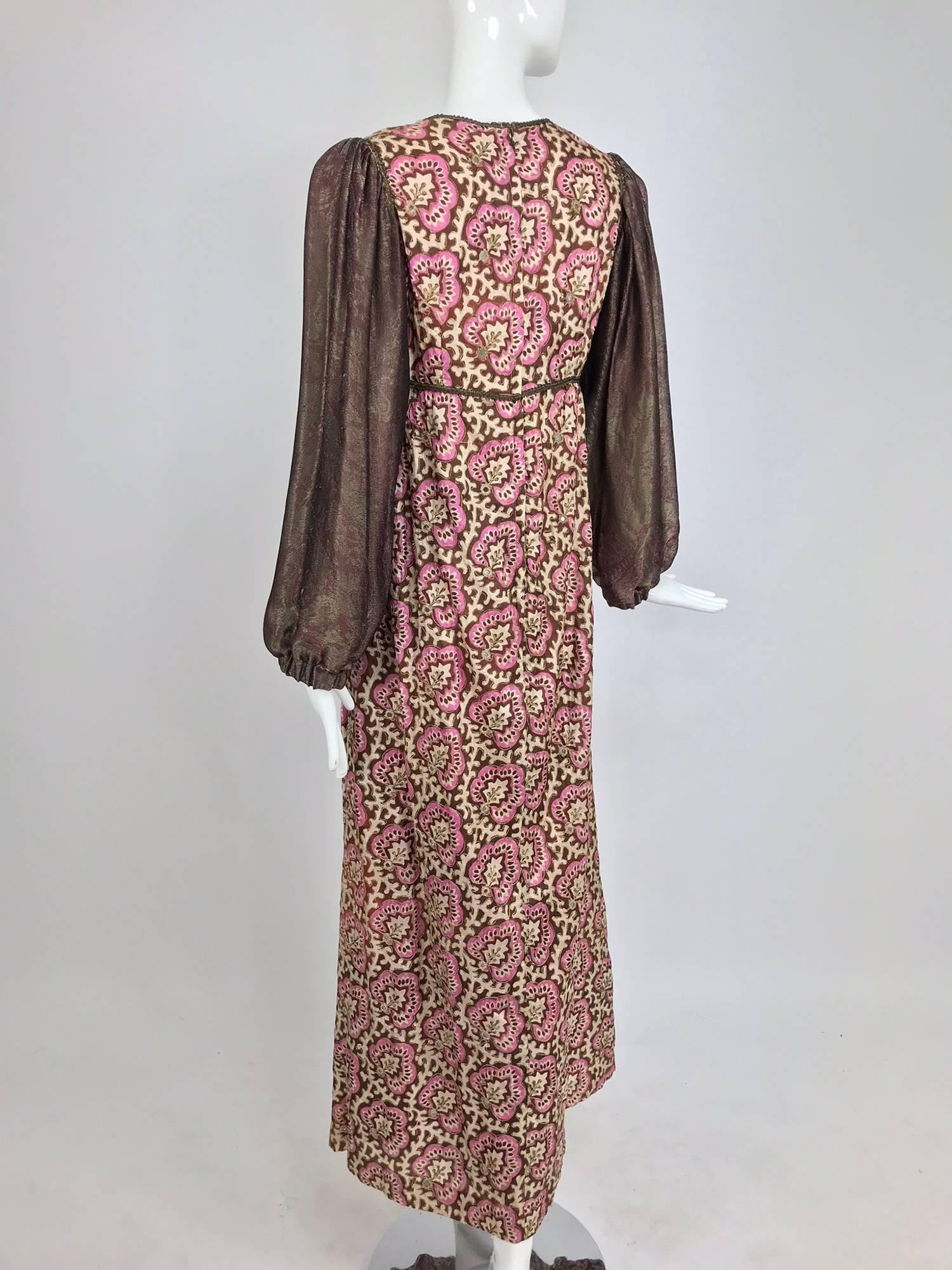 Thea Porter printed mirrored silk maxi dress with gold shot sleeves 1970s 2