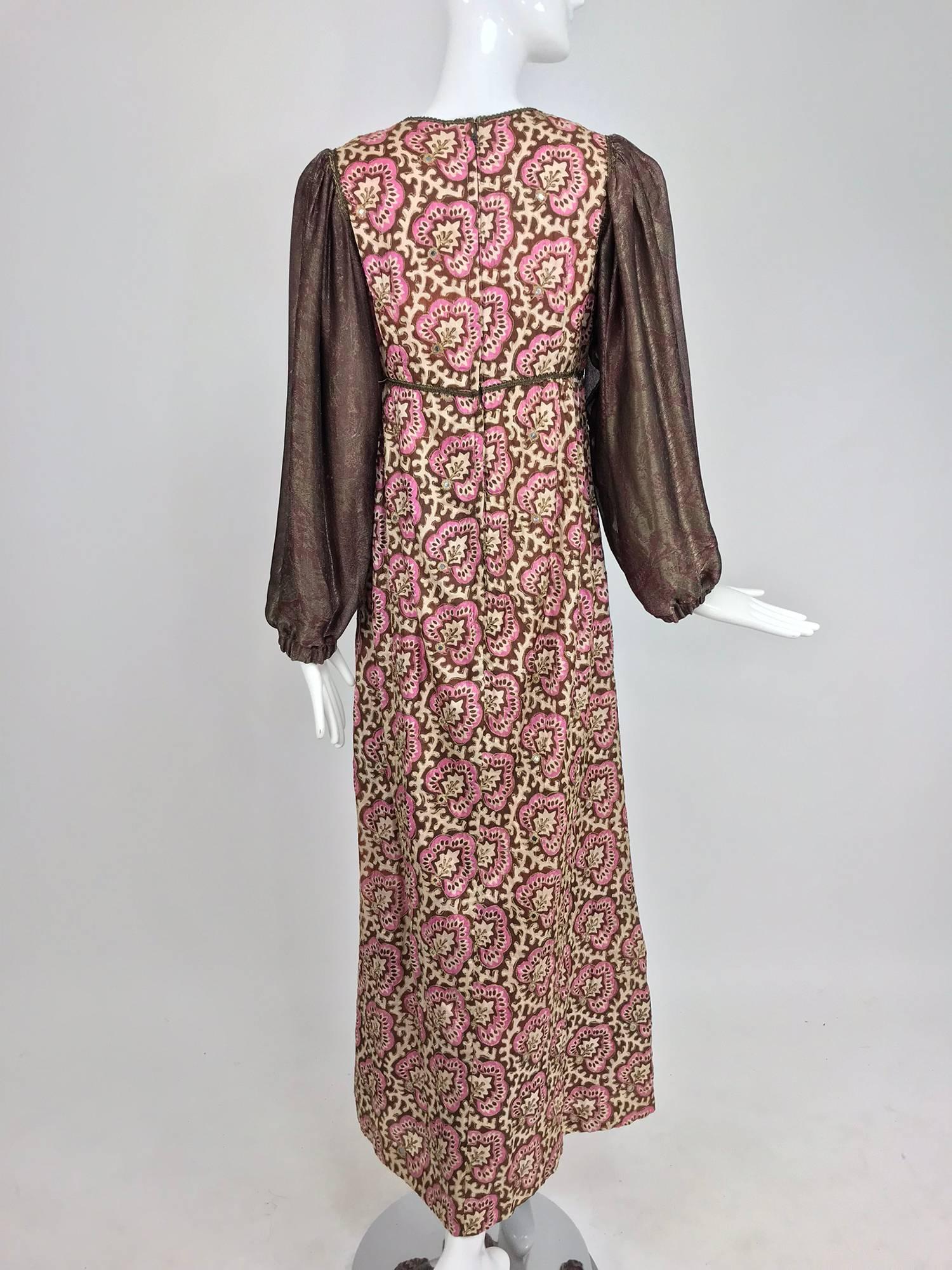 Thea Porter printed mirrored silk maxi dress with gold shot sleeves 1970s 3