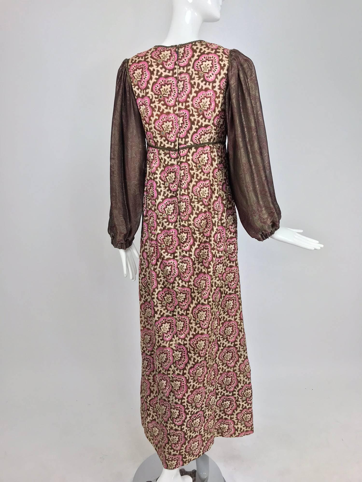 Thea Porter printed mirrored silk maxi dress with gold shot sleeves 1970s 4