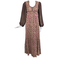 Thea Porter printed mirrored silk maxi dress with gold shot sleeves 1970s