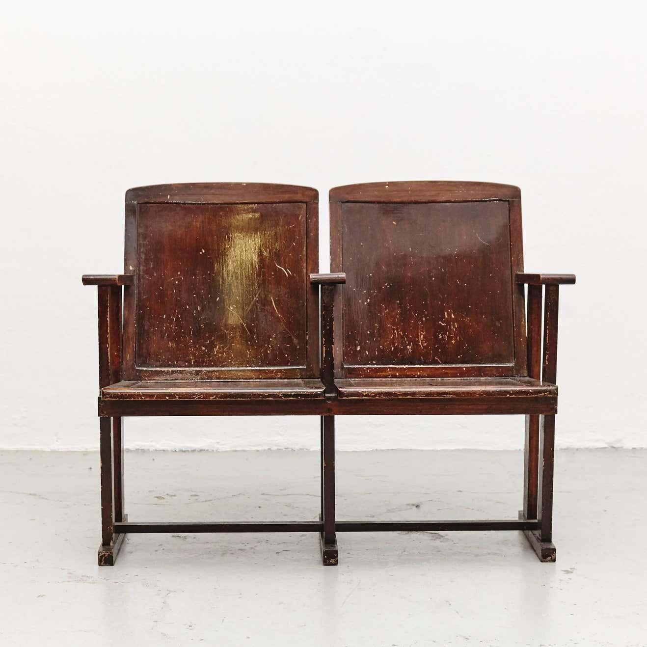 Bench designed by unknown designer, manufactured in France, circa 1930.
Wood.

In good original condition with minor wear consistent with age and use, preserving a nice patina.