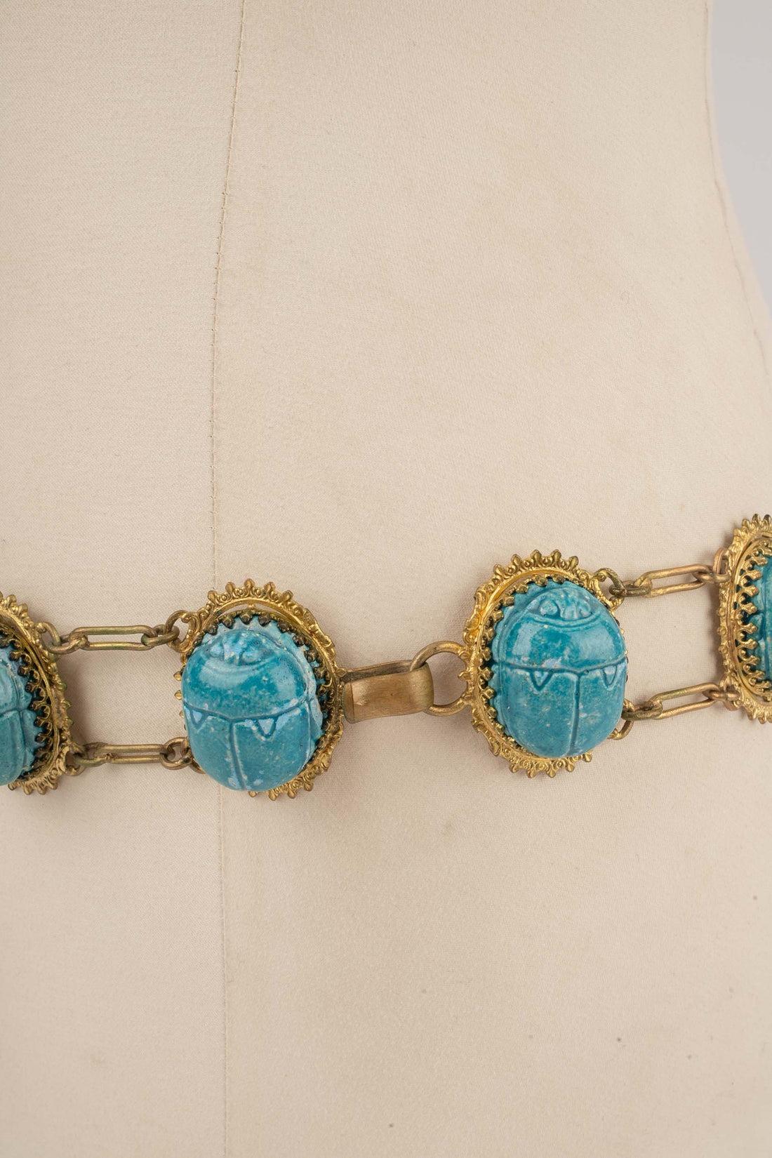 Gray Theater Golden Metal Drama Belt with Blue Beetles For Sale